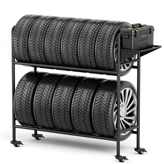 Vioranex Adjustable Rolling Tire Rack, Heavy-Duty Tire Storage Rack for Garage with 4 Self-Locking Casters, Foldable Hole Board, Metal, 59" H x 59" W