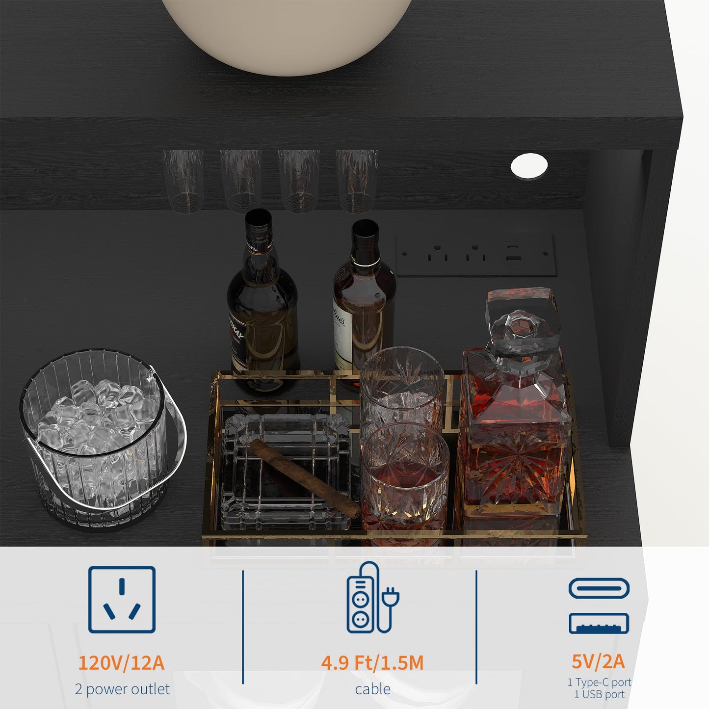 Rustic Modern Home Bar Cabinet with LED Lights & Glass Doors - Coffee & Wine Bar Station with Storage Shelves, Lockable Door, Spacious Countertop for Kitchen, Dining Room, Game Room Furniture