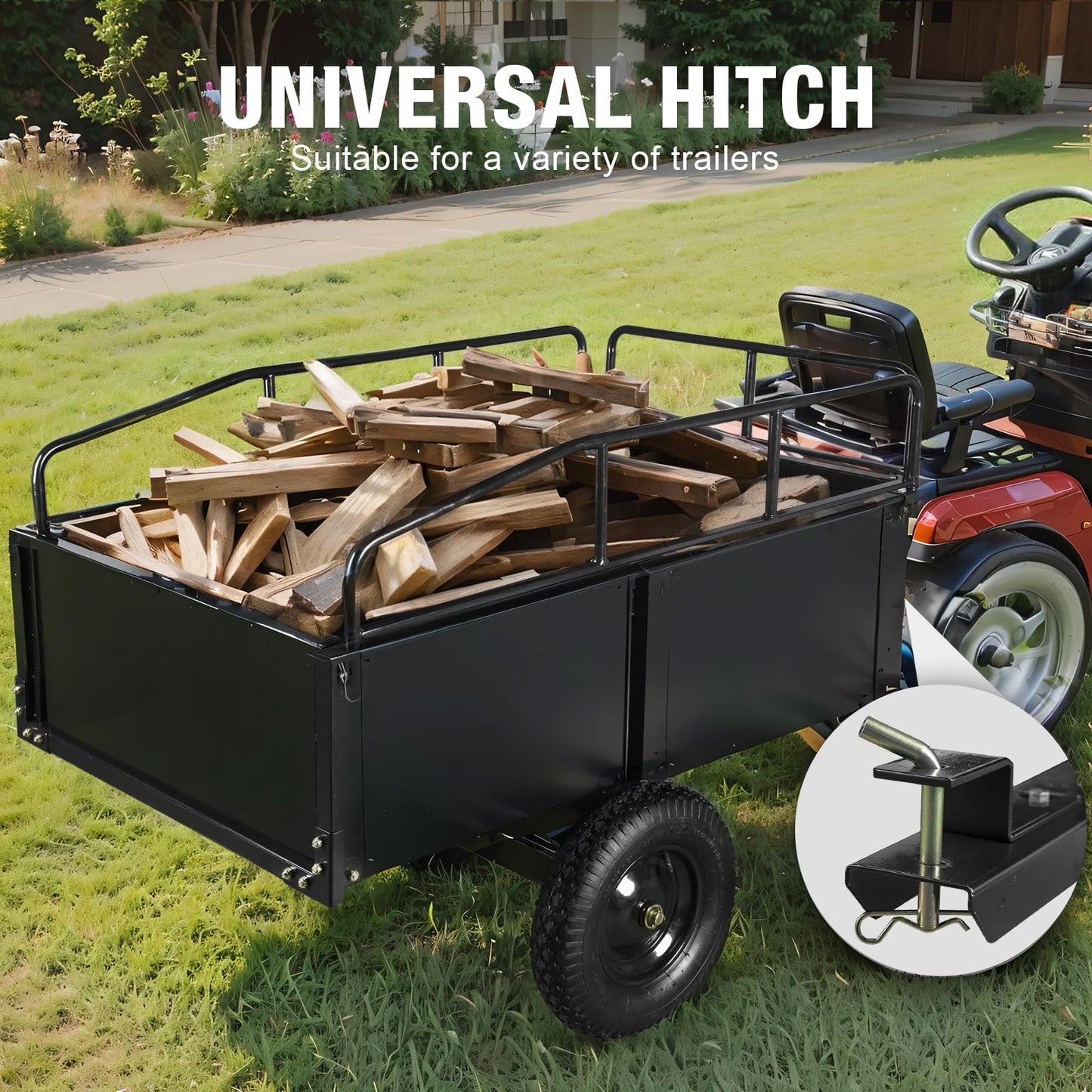 Big RED ATV/Utility Dump Trailer Tow Behind, 750lb Capacity 12 cu.ft Steel Hauler with Removable Sides & 16" Tires for Lawn Mower, Tractor