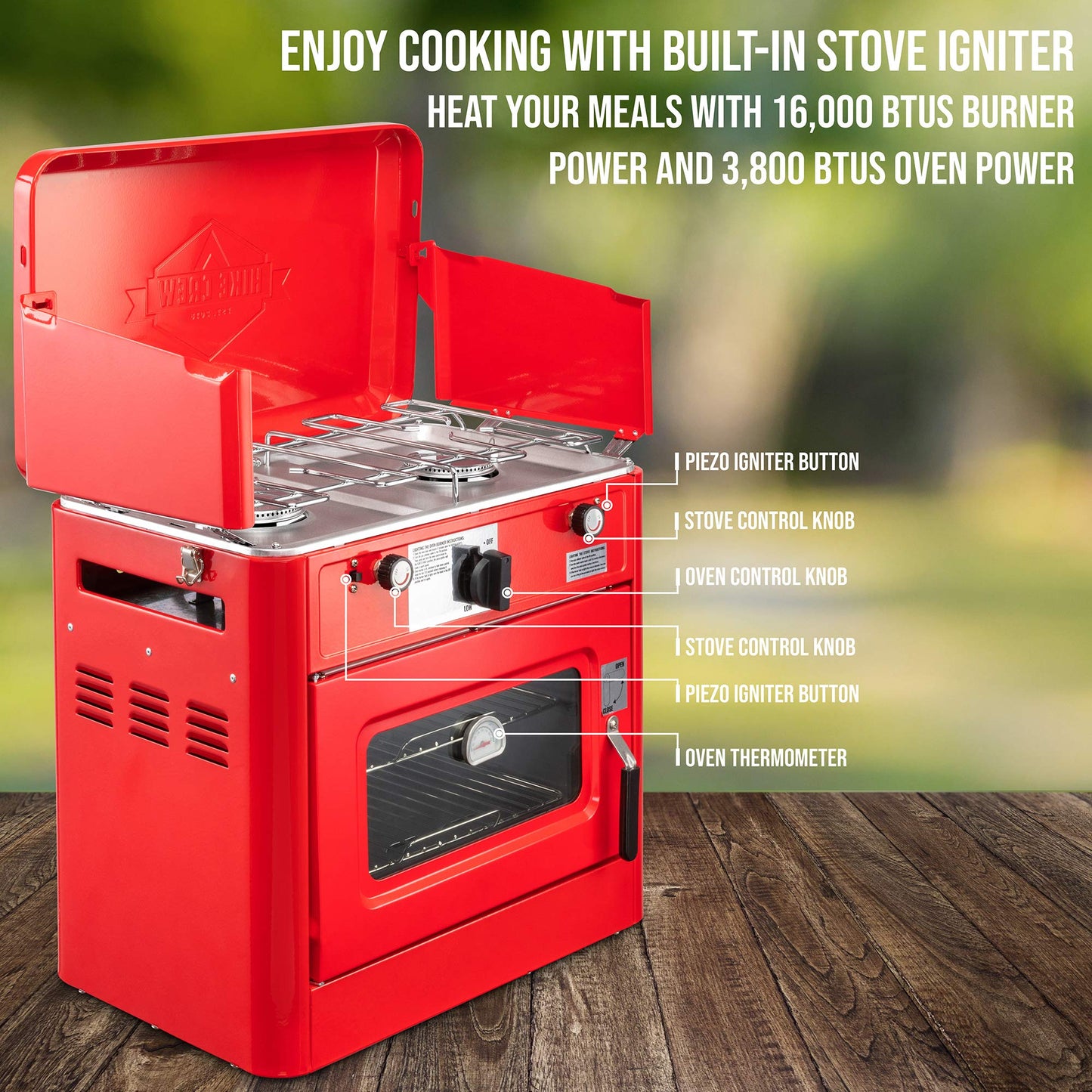 Hike Crew Outdoor Gas Camping Oven w/Carry Bag | CSA Approved Portable Propane-Powered 2-Burner Stove & Oven | Auto Ignition, Overheat Safety Shutoff, Built-In Thermometer | Hose & Regulator Included