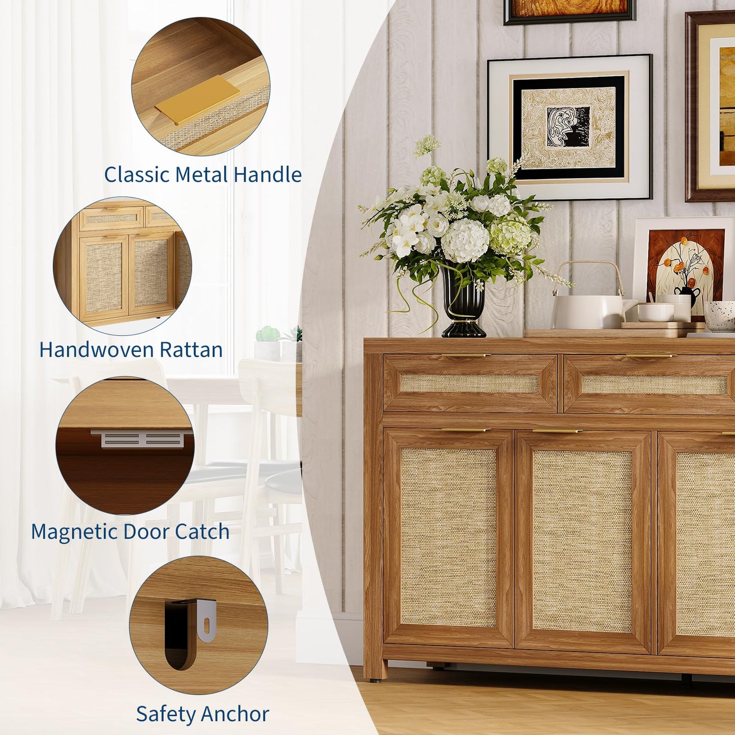 IDEALHOUSE Kitchen Sideboard Buffet Cabinet with Storage, 63in Large Farmhouse Wood Coffee Bar Credenza Cabinet with 3 Drawers and 4 Doors Adjustable Shelves for Living Room, Deep Oak