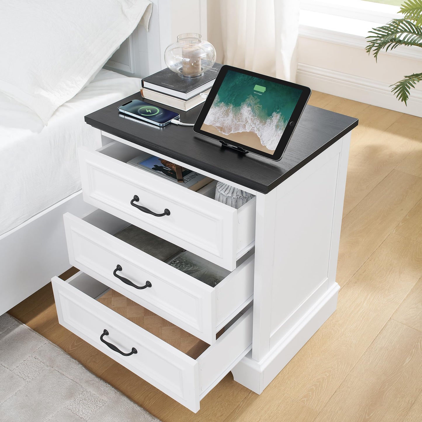 Farmhouse Nightstand Set of 2, Wood Night Stand with 3 Drawers and Charging Station Modern Bedside Table for Bedroom End Side Table Storage Cabinet Small 6 Drawers Dresser (2)