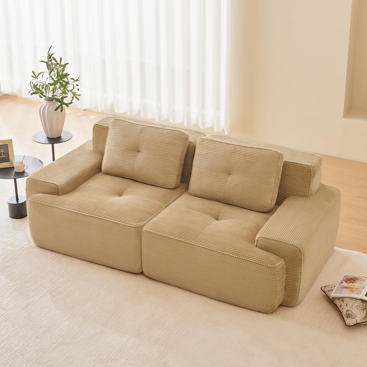 KEIKI 80" Oversized Corduroy Modular Sectional Loveseat Sofa with High-Density Foam Cushion & 2 Pillow, Upholstered Anti-slip Design 2-Seater Tufted Couch, No Assembly Required, for Living Room, Camel