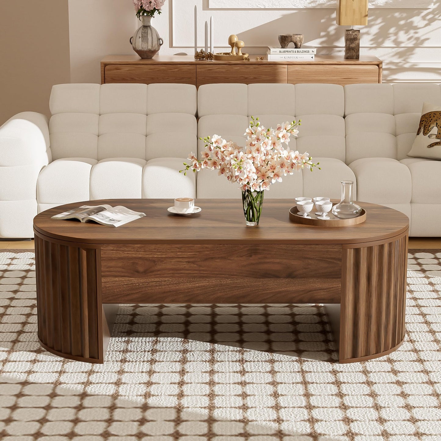 Merax 47.2'' Lift Top Oval Coffee Table with Hidden Storage Compartment, Modern Wooden Center Table with Oval Lift Tabletop for Home Living Room, Brown