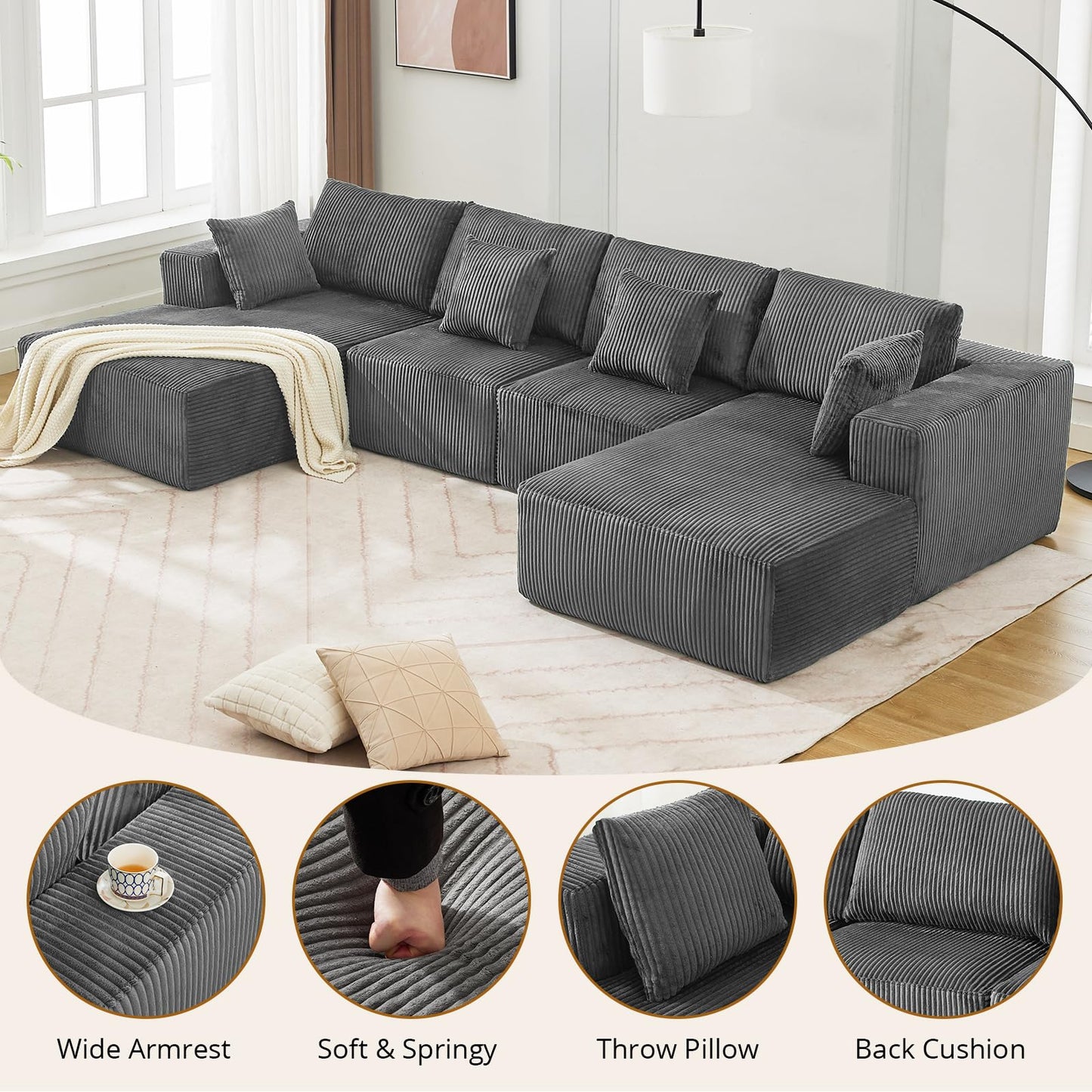 137" Modular Sectional Sofa, U-Shape Cloud Couch with Chaise, Deep Seat, Armrests and Plush Corduroy Fabric, No Assembly Required, Boneless Compression Sectional Couch for Living Room, Grey