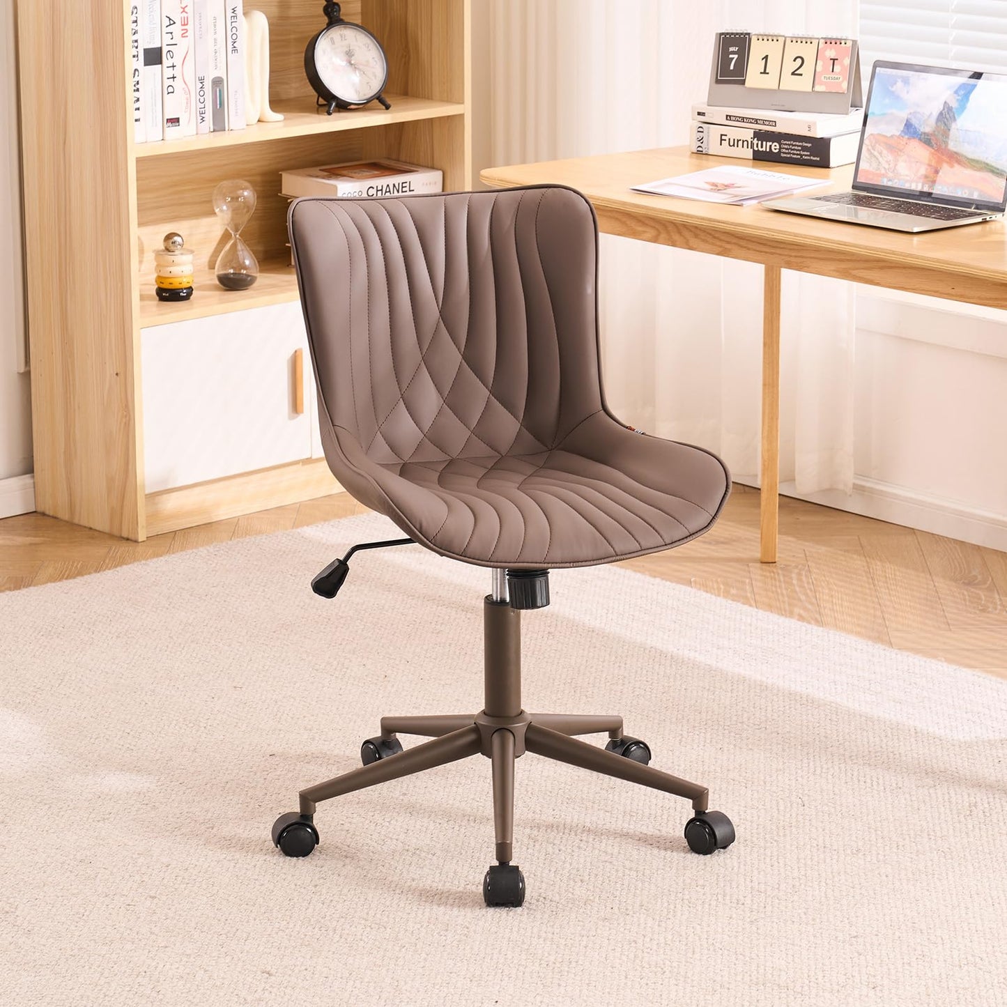 YOUTASTE All Cream Office Chair, Modern Armless Desk Chair with Back, Adjustable Swivel Rolling Faux Leather Task Chair with Wheels Metal Base for Home Office, Study, or Vanity