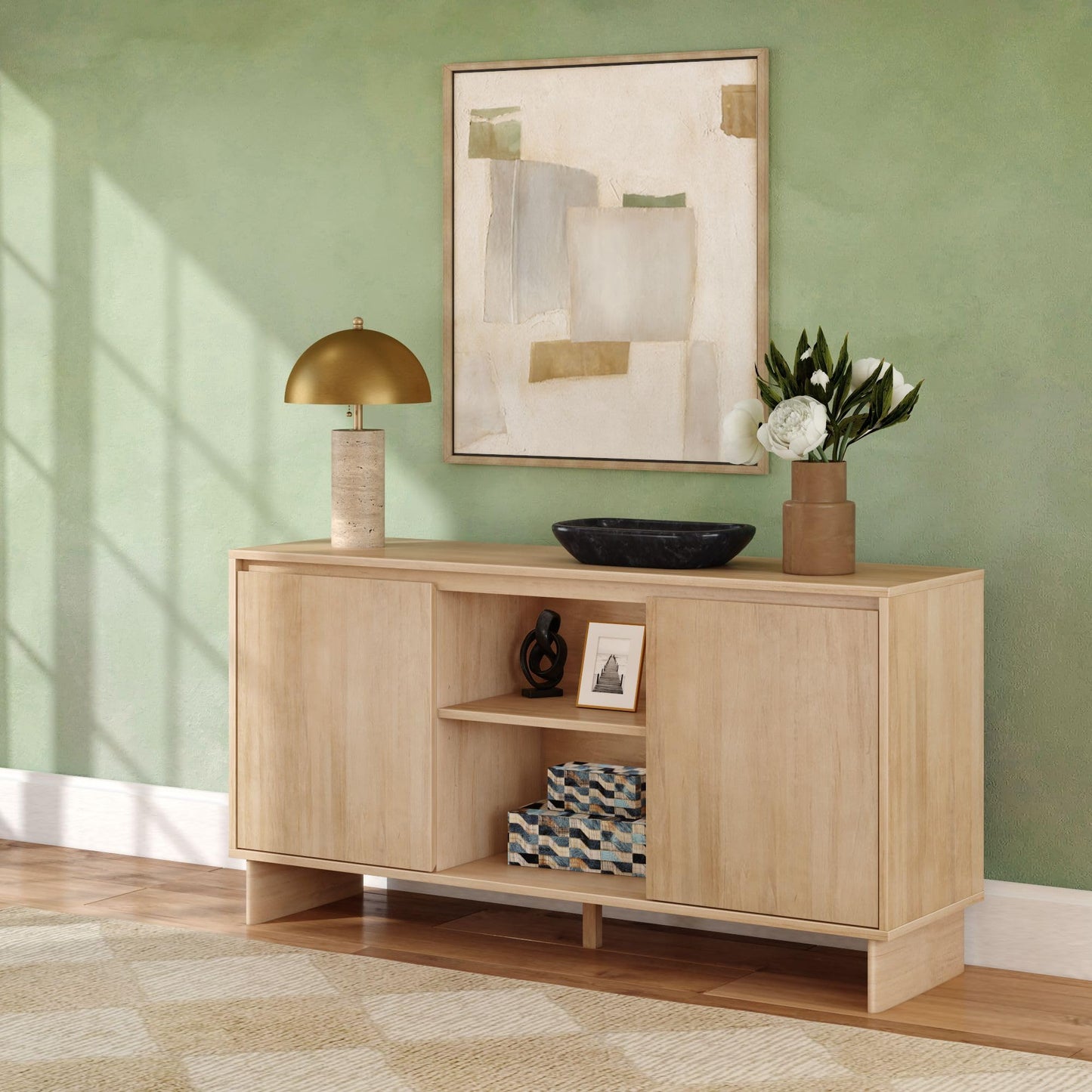 Plank+Beam 59" Modern Sideboard Cabinet, Solid Pine Wood Buffet Table with 2 Doors & Open Shelf, Storage Console for Dining Room or Entryway, Blonde Finish