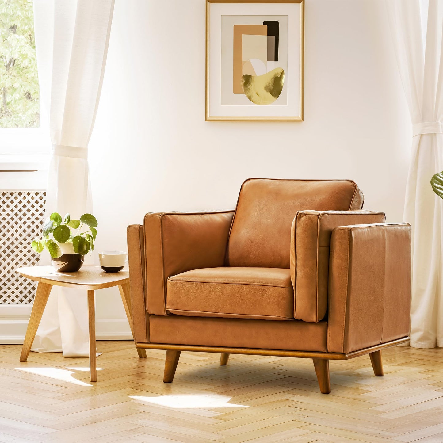 Valencia Artisan Full Leather Accent Chair 41.5” | Pure Full Italian Nappa Leather Chair, Solid Wood Accent, Ultimate Comfort, Cognac Tan