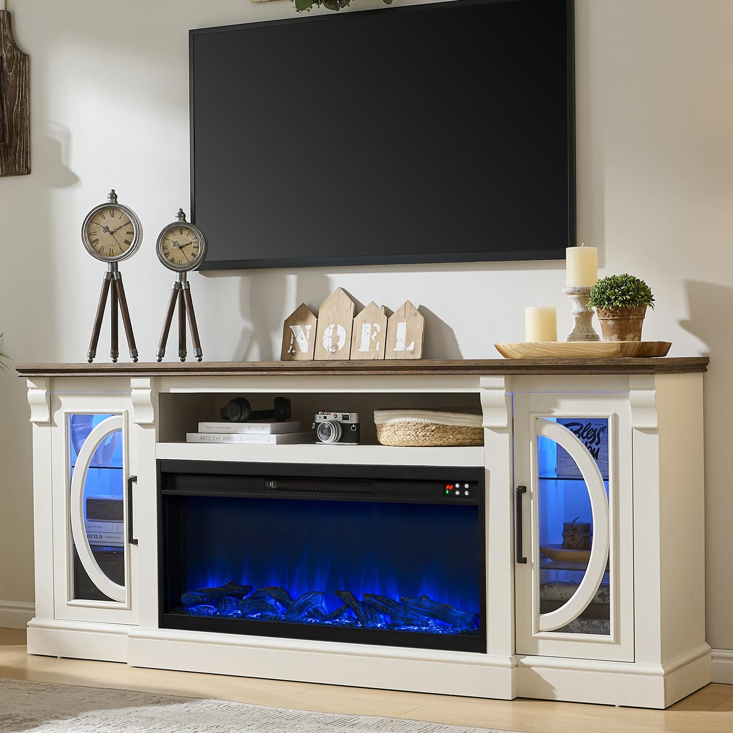 Unineo Crescent TV Stand with Fireplace for up to 80 Inch TV, LED Entertainment Center with 36 Inch Electric Fireplace, Farmhouse TV Console Table w/Glass Door for Living Room, White