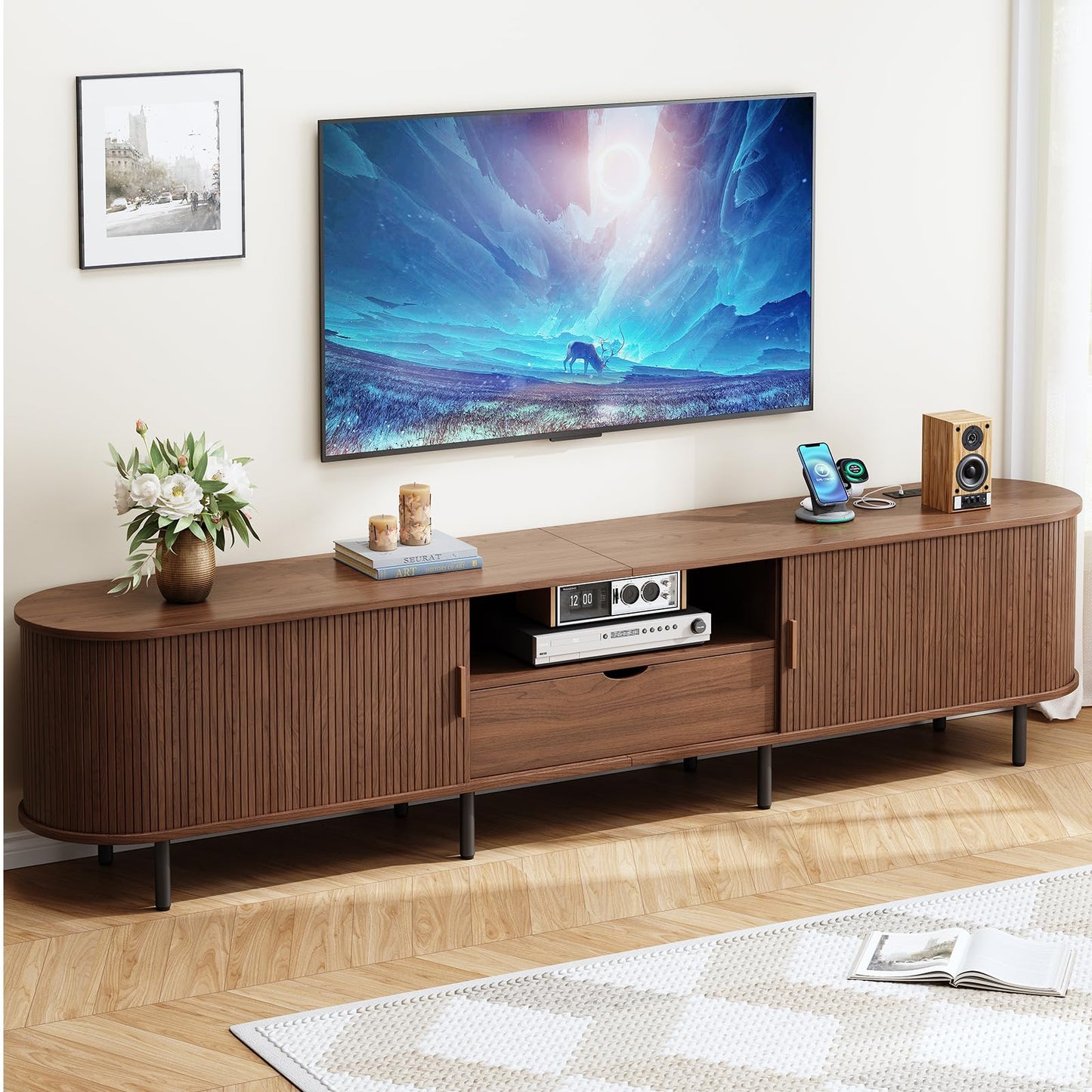 ONBRILL 94.5" TV Stand with Power Outlet for TVs up to 102", Entertainment Center with Storage and Drawer, TV Console w/Adjustable Shelves and Sliding Door, TV Stand for Living Room, Bedroom, Walnut
