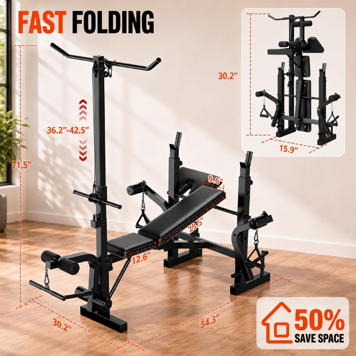 Weight Bench Set with Leg Extension & Preacher Curl Pad, 9-In-1 Adjustable Workout Bench Press with LAT Pulldown, Butterfly Arms & Squat Rack, Multi-Function Strength Training Equipment for Home Gym