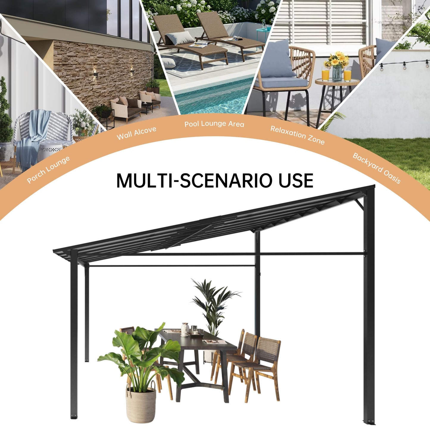 10x12 ft Wall-Mounted Lean-to Gazebo, Outdoor Patio Cover Awning with Heavy-Duty Aluminum Frame & UV-Resistant Polycarbonate Roof, All-Weather Hardtop Canopy for Deck, Yard & Parties