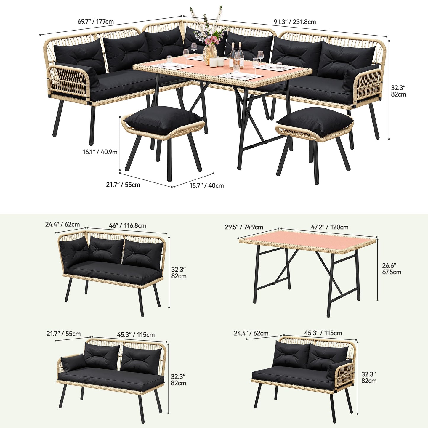 YITAHOME L-Shaped Patio Furniture Set, All-Weather Rattan Outdoor Conversation Sofa with Soft Cushions, Ottomans & Plastic Wood Dining Table for Backyard Deck, Light Brown + Black