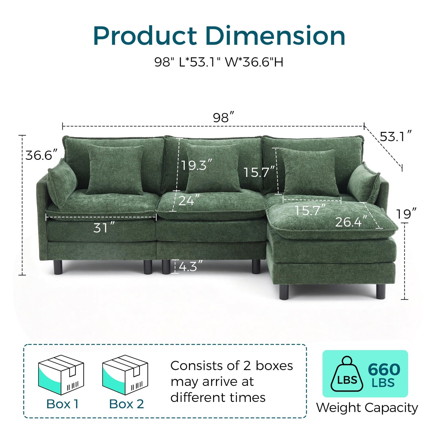LINSY HOME 98'' Modular Sectional Sofa 3 Seat Couch Chenille Cloud Couch with Deep Seat, L Shaped Couch with 1 Movable Ottoman for Living Room, Office, Bedroom, Green(Pillows Included)