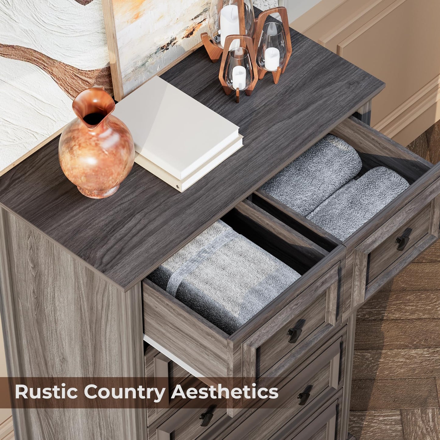 VVFLU Grey Dresser, 48" Tall Dresser with Natural Texture & Metal Handles, 6 Drawer Chest of Drawers for Bedroom, Living Room, Hallway, Vintage Design