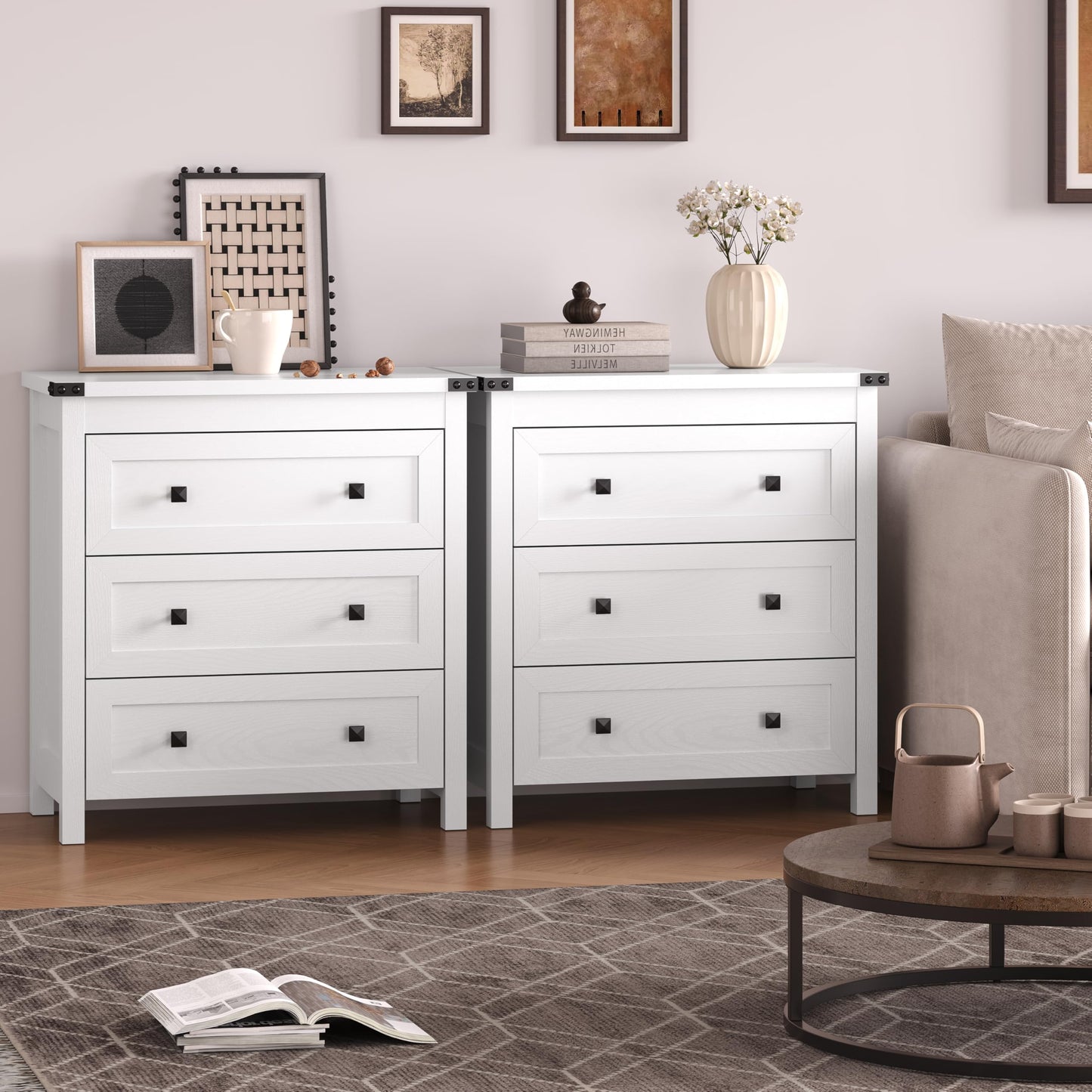 BORNOON 3-Drawer Night Stand Set of 2, Modern Bedside Table Dresser with Metal Handles, Sturdy Wooden End Side Table Storage Cabinet with Anti-Tipping Design for Bedroom