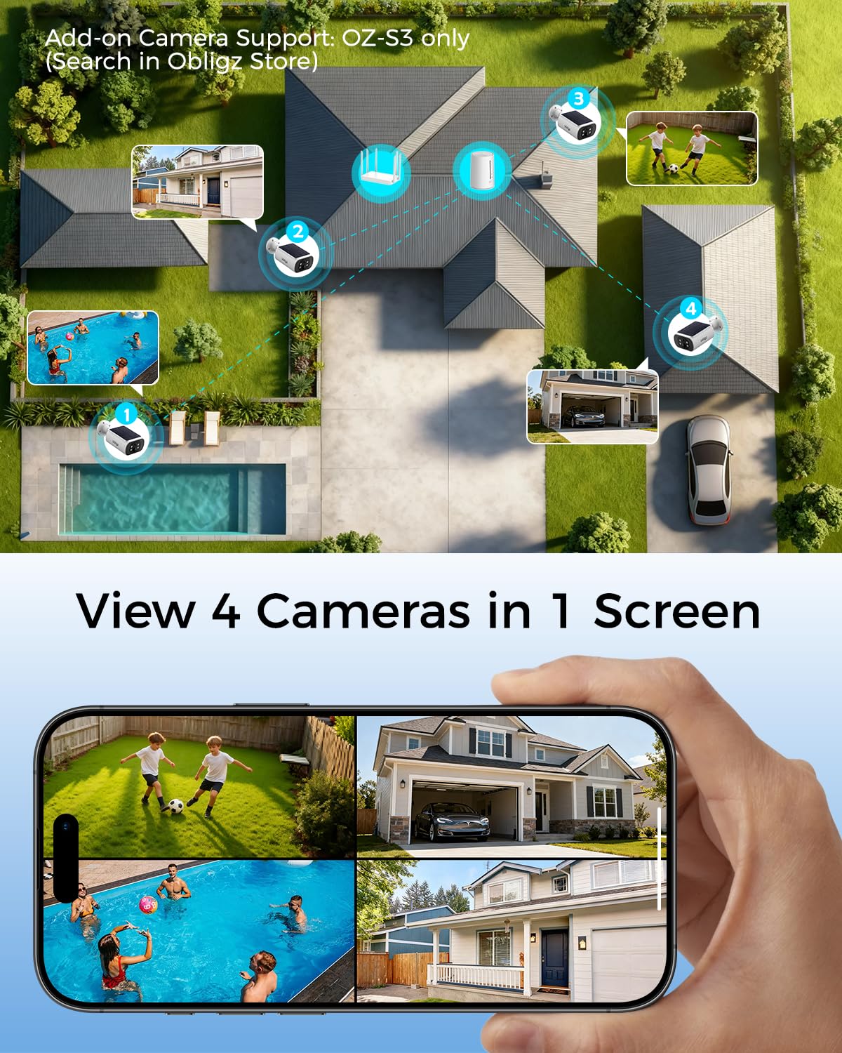 obligz Solar Security Cameras Wireless Outdoor, 4MP Cameras for Home Security Camera System, 64GB Local Storage, No Subscription, Easy Setup, Color Night Vision, 2.4 & 5G WiFi, 4-Cam Kit