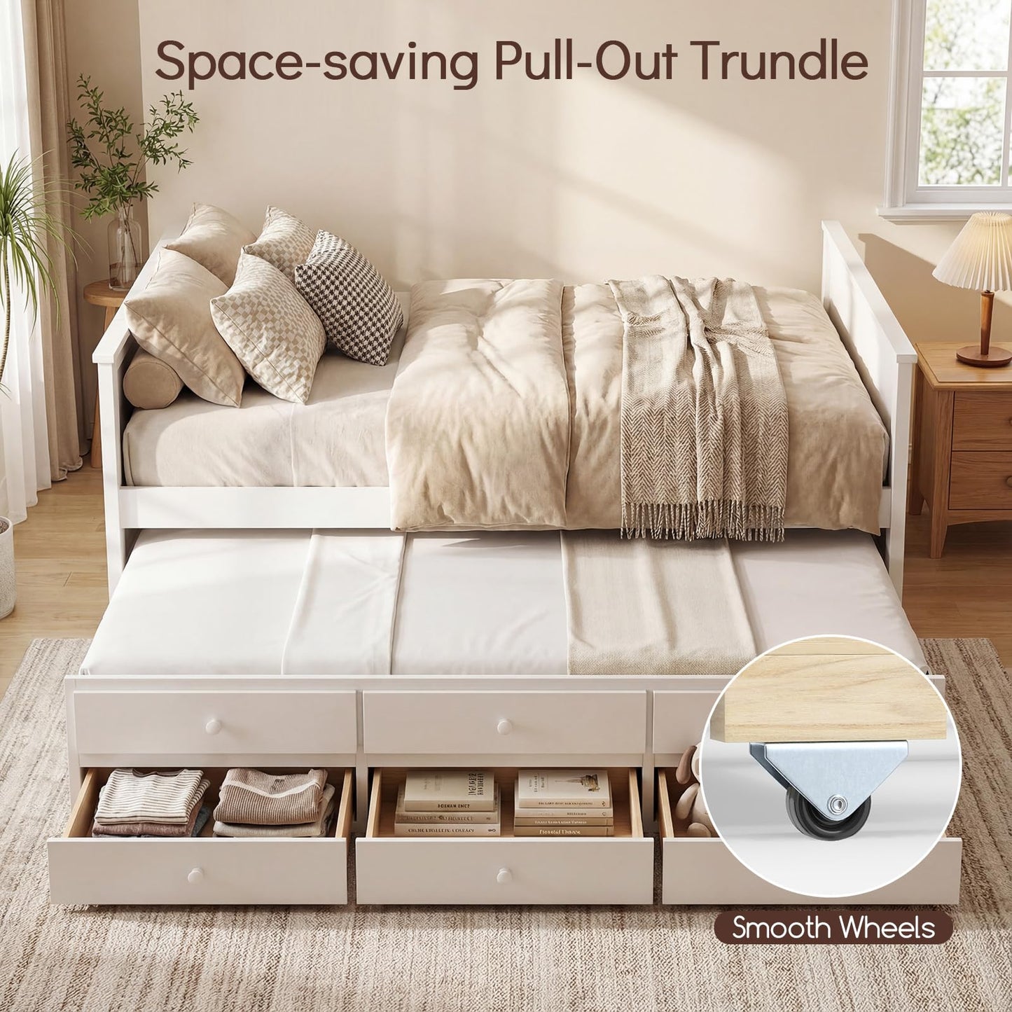 KOMFOTT Wood Full Trundle Bed with 3 Storage Drawers, Daybed with Trundle, No Box Spring Needed Daybed Frame, Trundle Bed with Storage for Kids Teens & Adults, Full Size Captain’s Bed (White)
