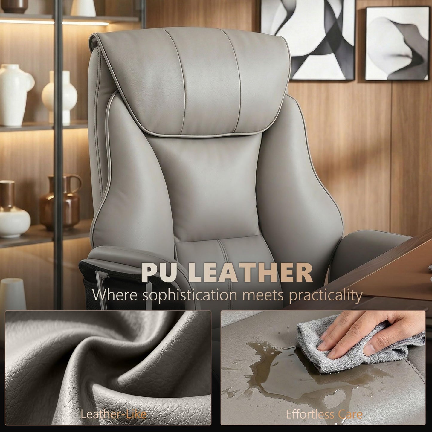 HOMCOM Massage Office Chair with 6-Point Vibration, Overstuffed Reclining Desk Chair with High Back, PU Leather, Footrest, Thick Spring Cushion, Lumbar Support, Grey
