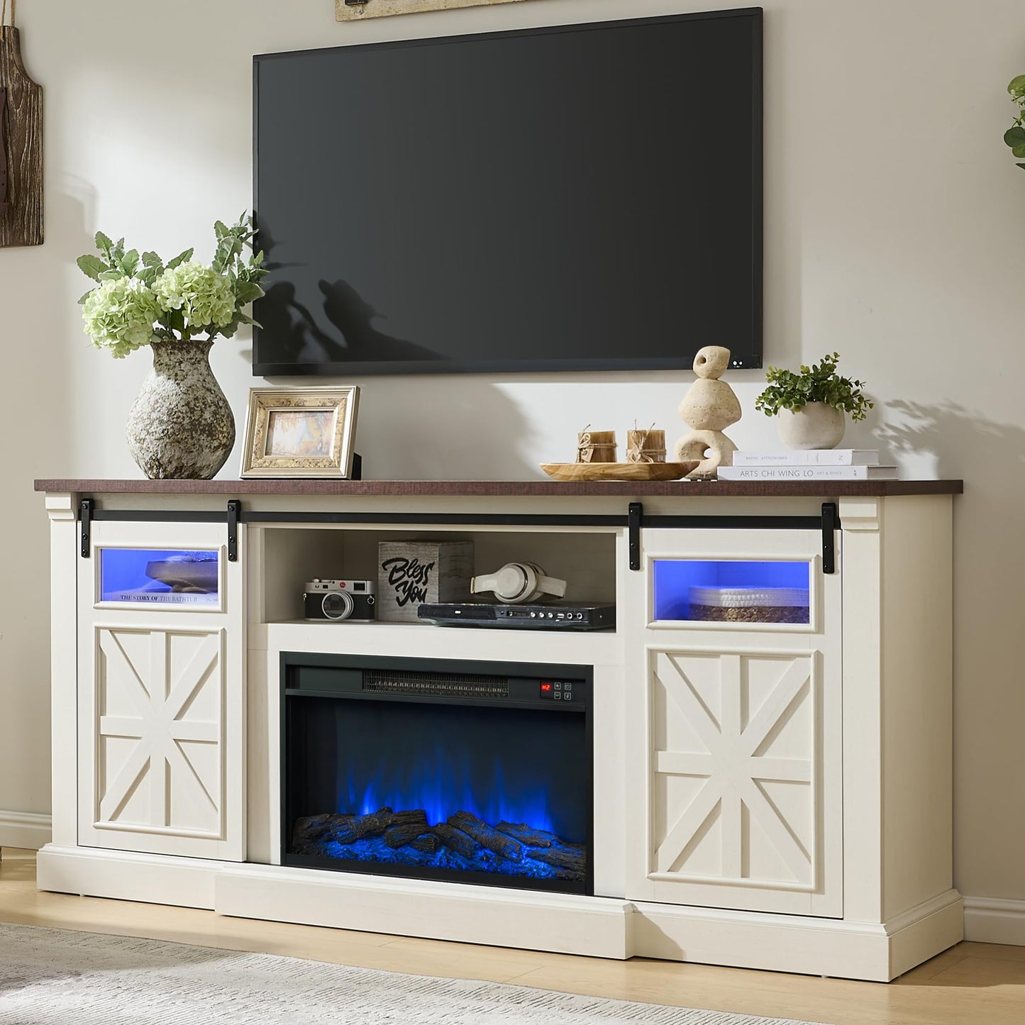 Unineo Fireplace TV Stand for up to 80 Inch TVs, 32’’ Tall LED Entertainment Center with Electric Fireplace, Farmhouse TV Console Table w/Sliding Barn Door & Window for Living Room, Antique White