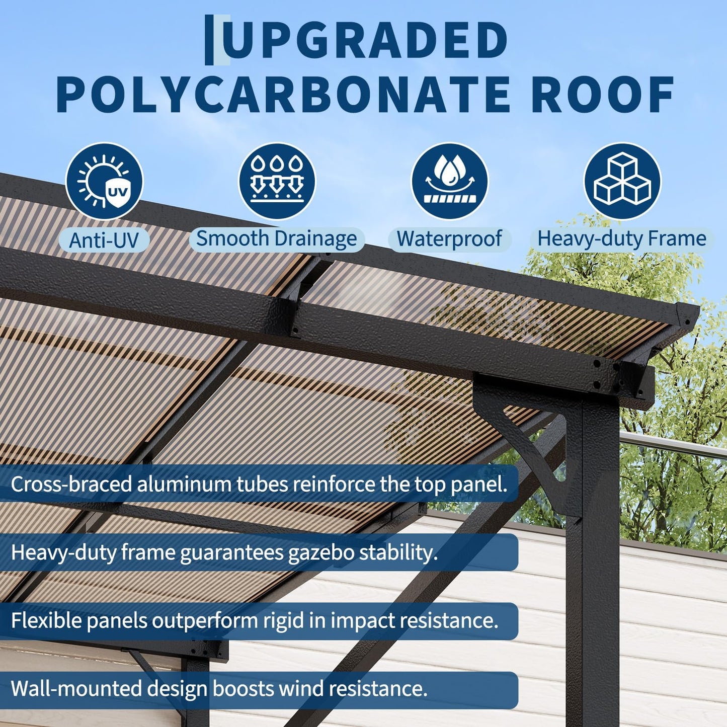 10'X12' Lean to Gazebo, Wall-Attached Hardtop Pergola with Anti-UV Polycarbonate Roof, Aluminum Frame Outdoor Patio Cover for Deck, Yard and Party