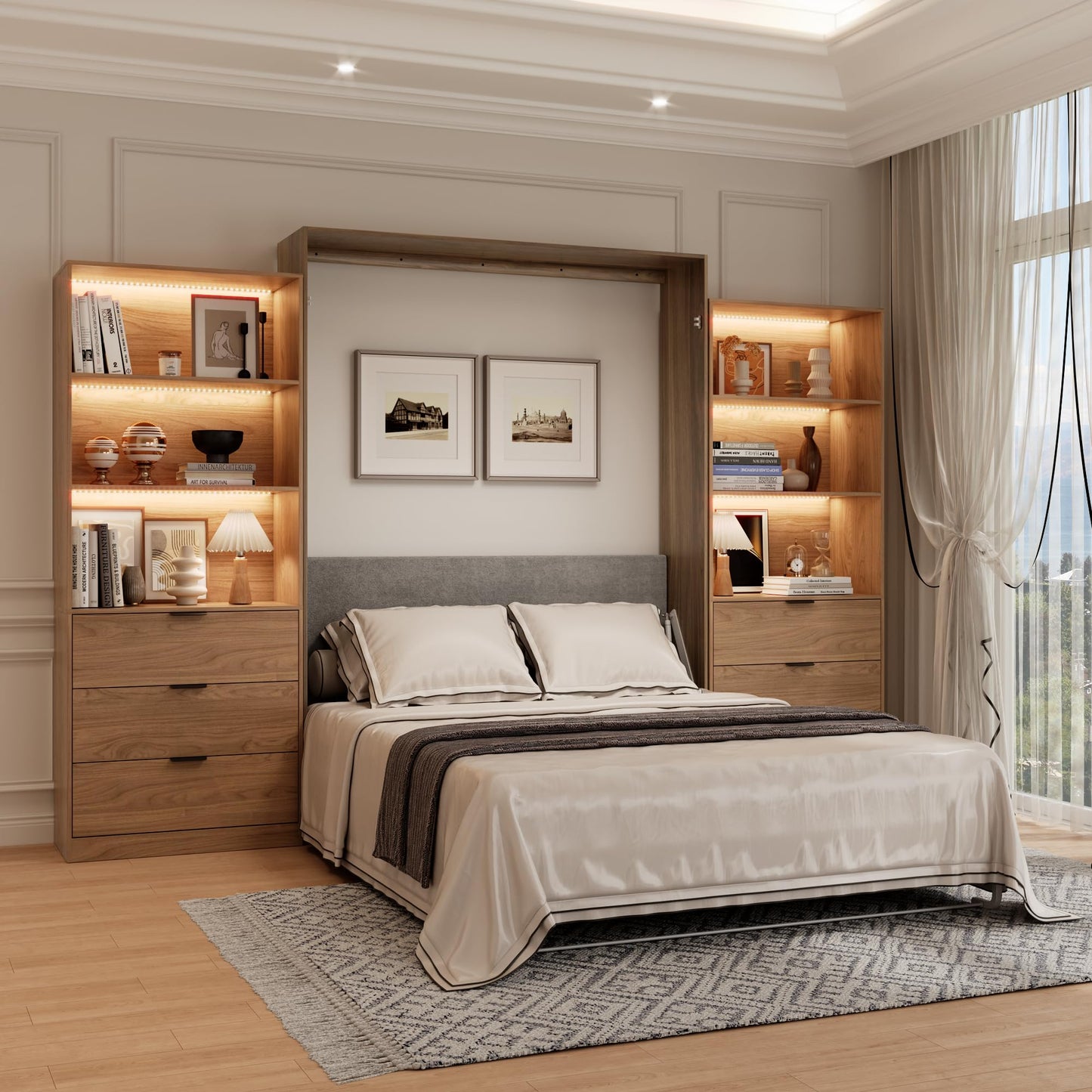 Jiaoun Queen Murphy Bed,Farmhouse Guest Beds,Folding Wall Bed with Hydraulic Bar,64" W Twin Murphy Beds with 2 LED Storage Cabinet for Small Spaces/Offices/Apartments/Guest Room,Brown+Walnut