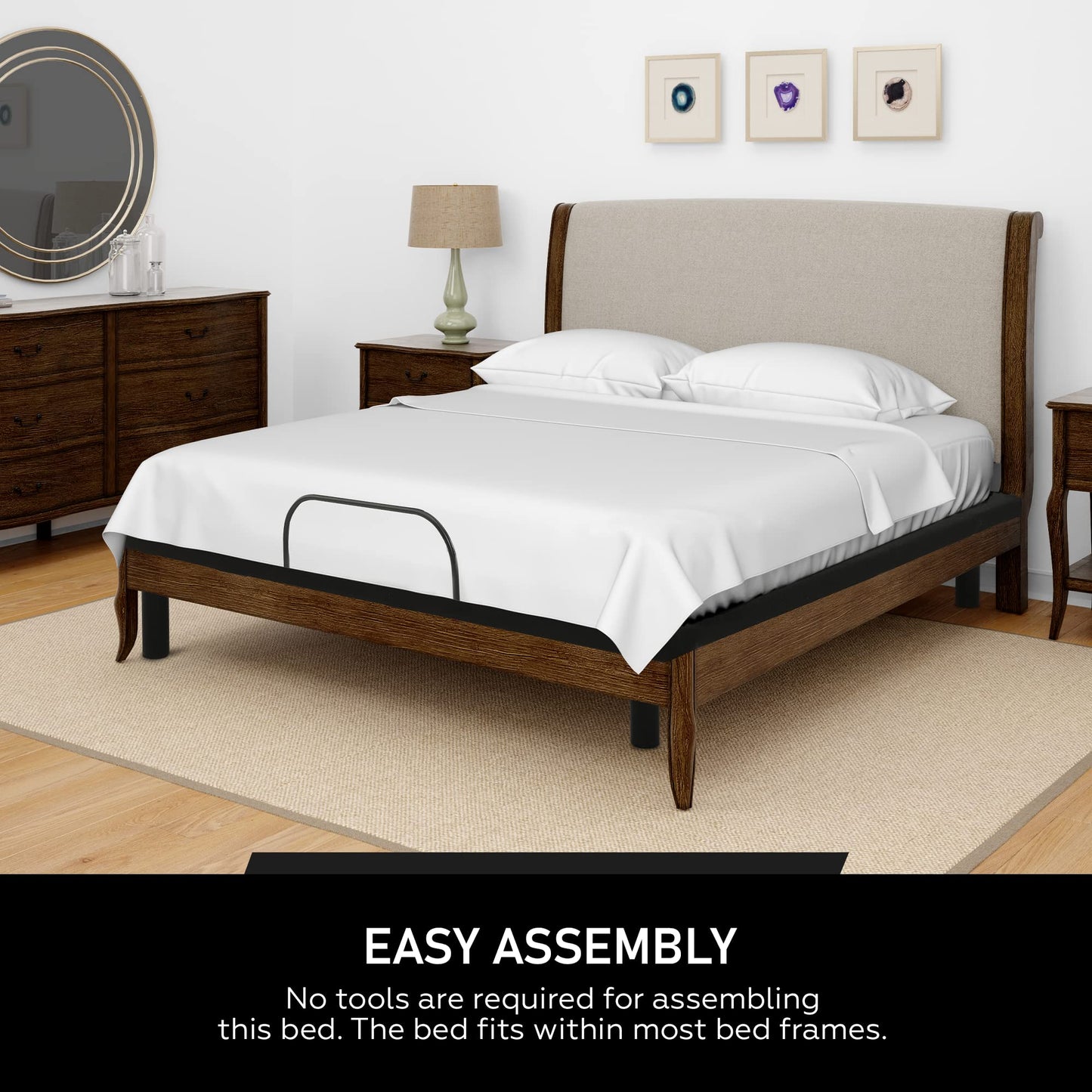 Greaton 15-inch Adjustable Bed Frame with Decorative Fabrics | Head Inclining with Wired Remote, Protective Foot Retainer Bar, 12-inch Patented Screw-in Durable Legs, Twin XL, White