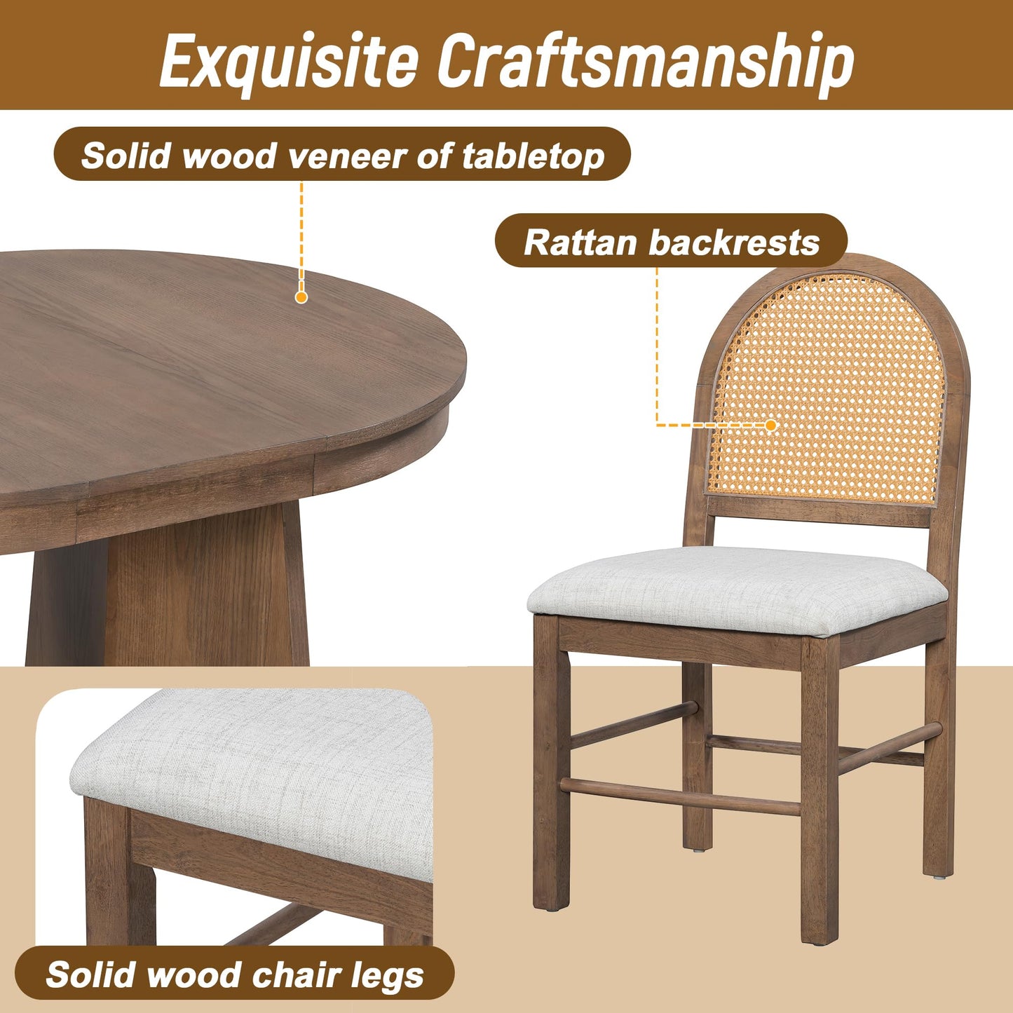 Merax Extendable Round Dining Table Set for 4, Wooden Construction with Upholstered Chairs with Rattan Backrests, Retro Style for Kitchen, Indoor Use, Walnut
