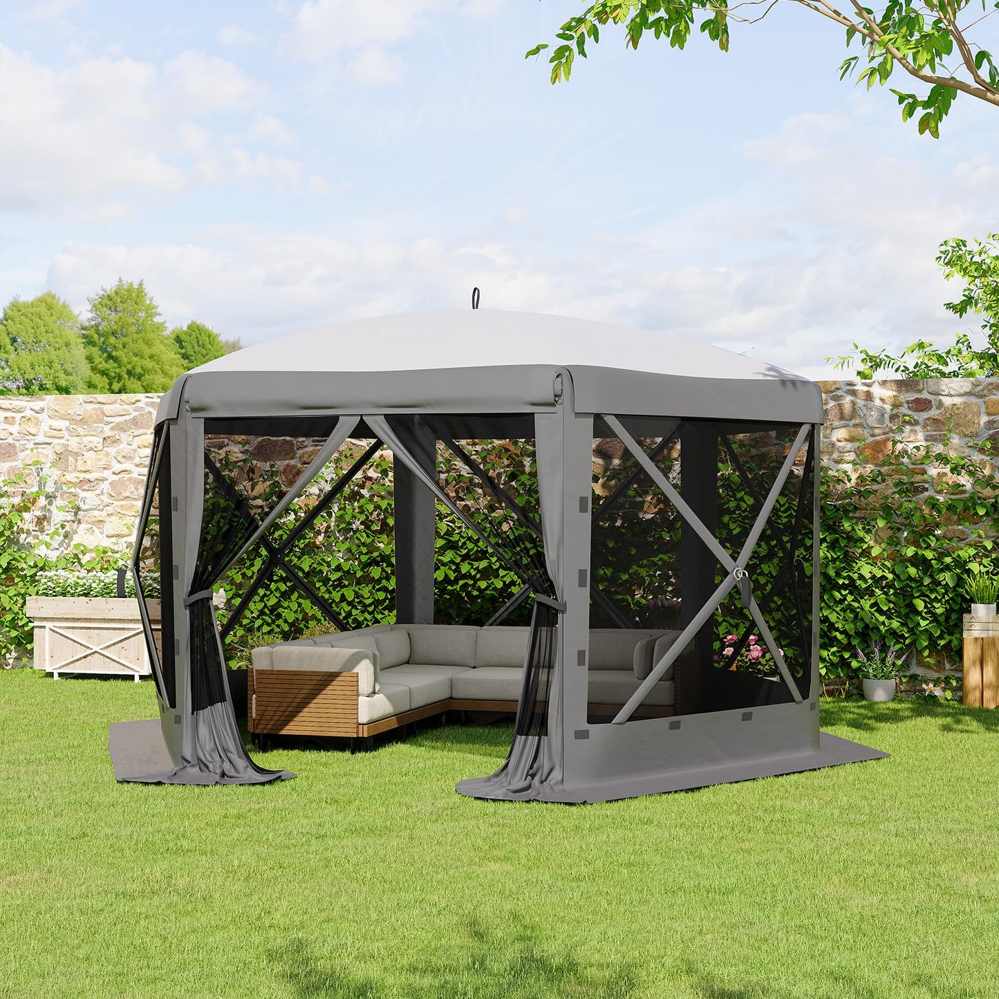 Garvee 13FT Pop-Up Gazebo 6-Sided, Outdoor Canopy Tent with Mosquito Netting & Removable Wind Cloths for Camping, Backyard Parties, Outdoor Events, Grey