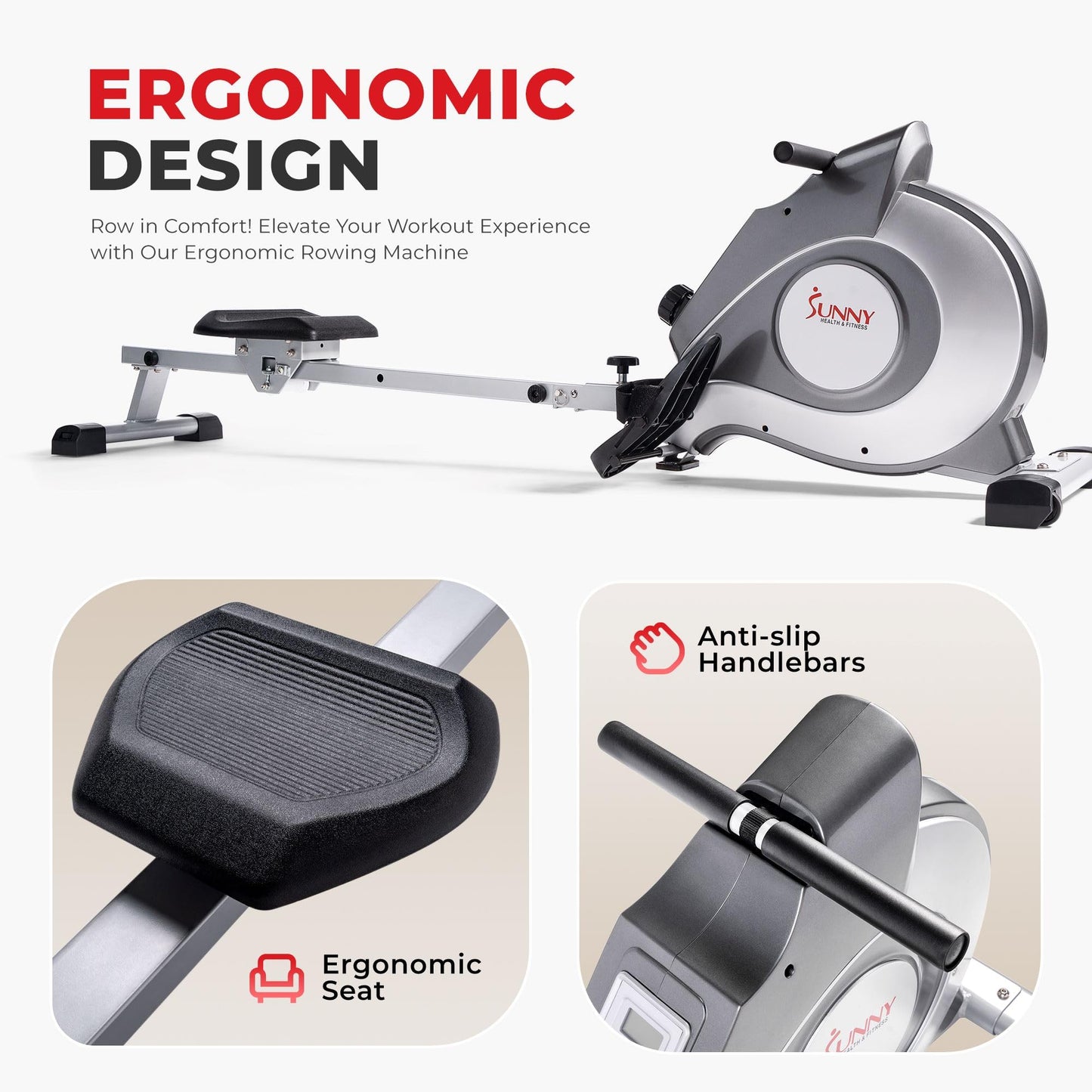Sunny Health & Fitness Flip & Foldable Rowing Machine for Home w/Extended Slide Rail, Full-Body Workout, Low-Impact, Optional Extra Long Rail, Quiet Rail Cover, Water Motion and Free SunnyFit App