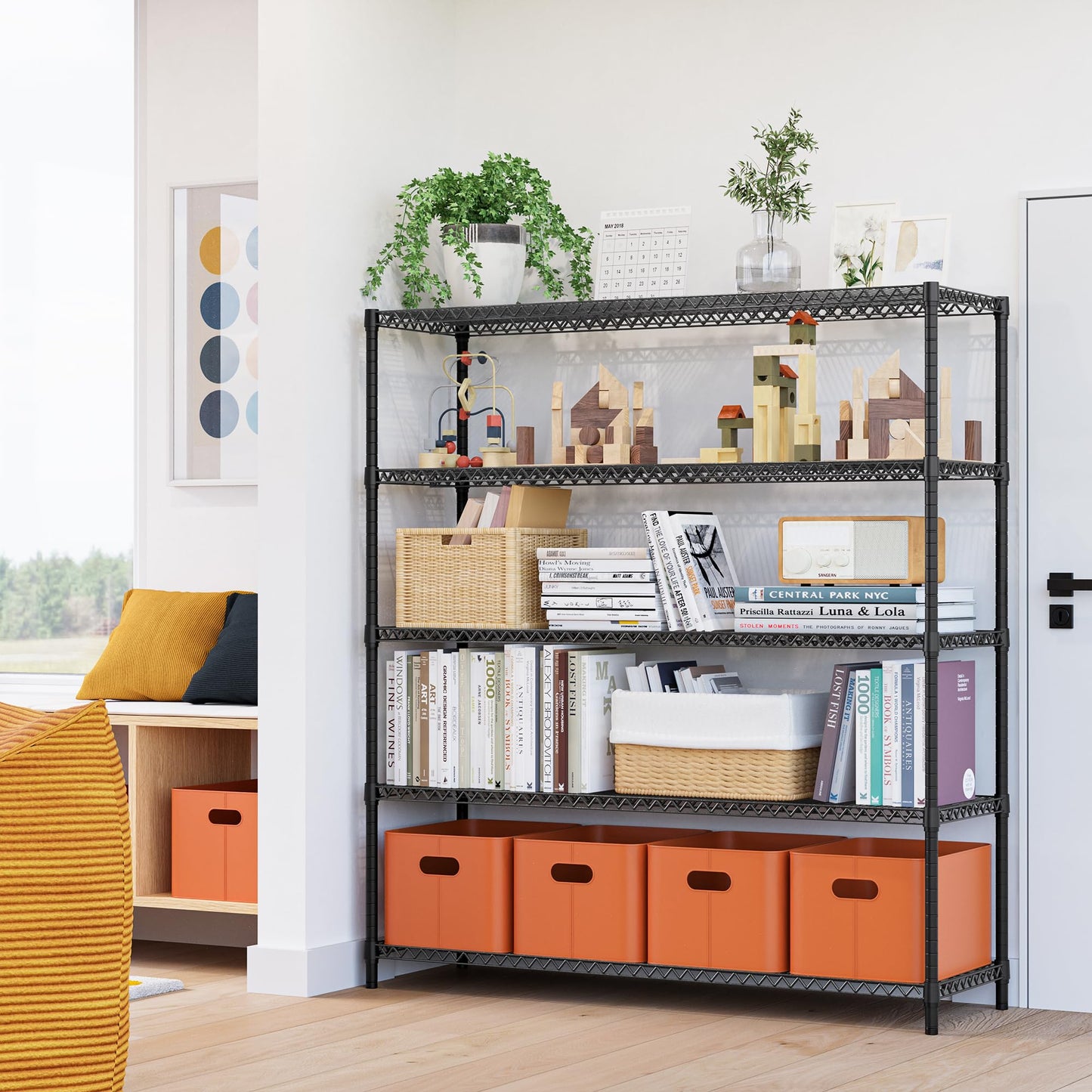 M MZG 3500LBS 59" W 5 Tiers Storage Shelves, Metal Shelving Wire Metal Shelving Unit Shelves for Storage Adjustable Garage Shelving for Pantry Kitchen Garage Black 17.7" D x 59.1" W x 70.4" H