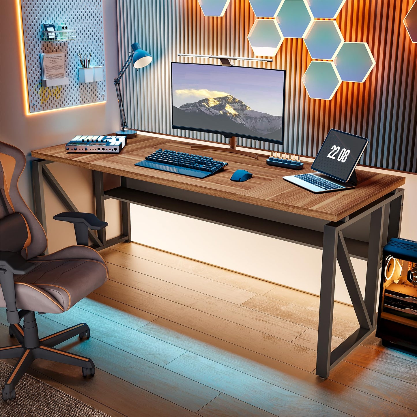 LITTLE TREE 63-Inch Executive Office Desk, Large Computer Desk with Storage Shelf, Executive Desk with Metal Frame, Study Writing Desk Work Station for Home Office, Brown + Black