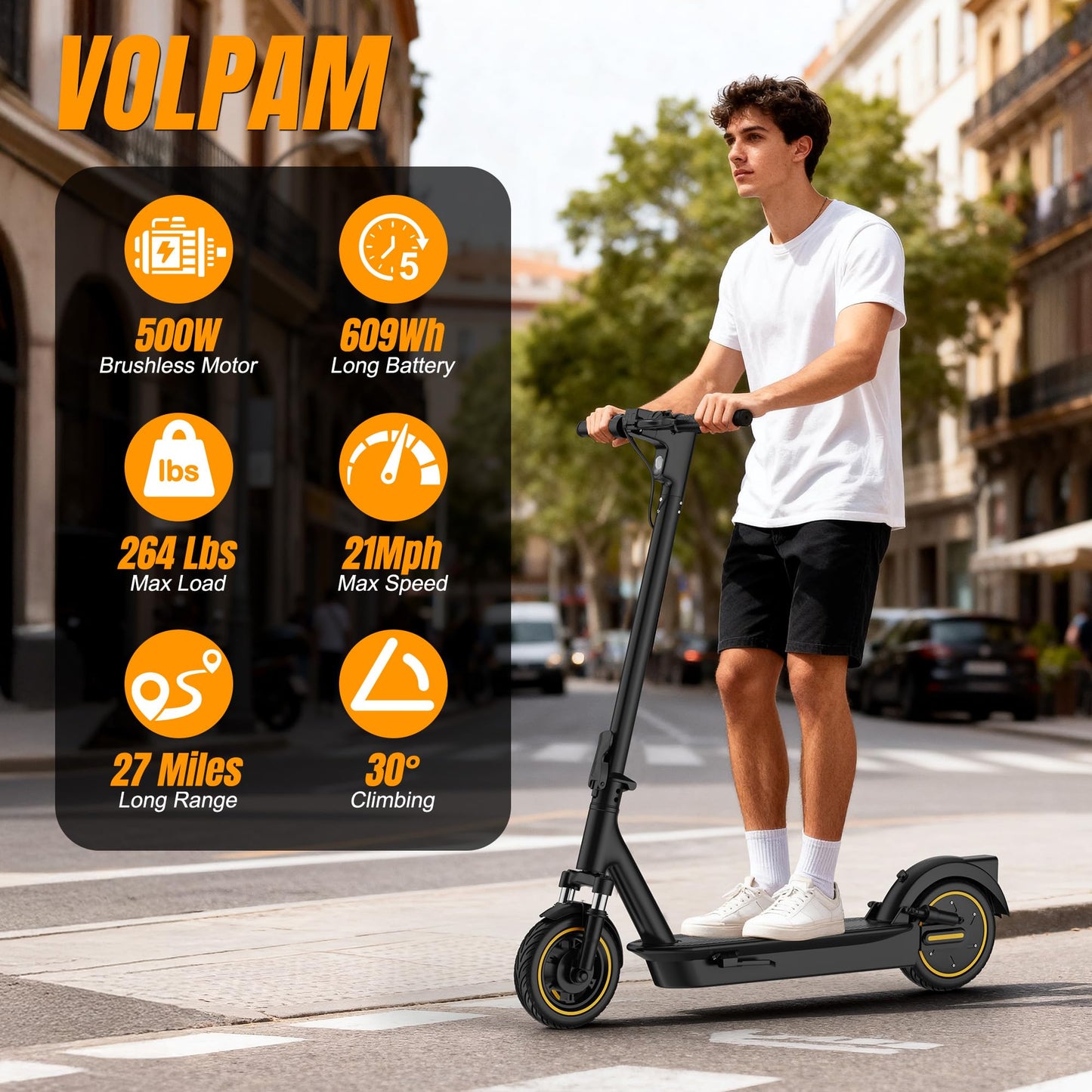VOLPAM 10''/11''Electric Scooter with Dual Suspensions, 19/22MPH, 500W/800WMotor, 60/40/31/23Miles Long Range, Dual Braking, Max Load 264 lbs