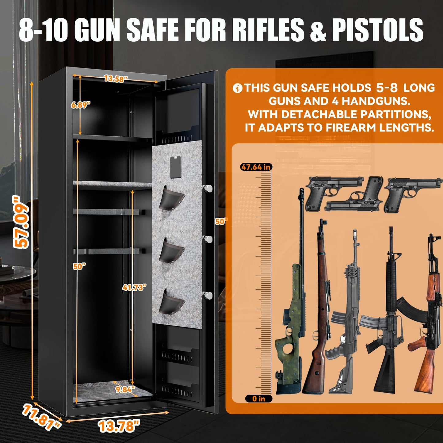Leariso [No Assembly Required] Gun Safe for Rifles and Pistols, 10-12 Gun Cabinets for Rifles and Shotguns, Fast Biometric Fingerprint Long Gun Locker for Home & Hunting for Enthusiasts 57" High