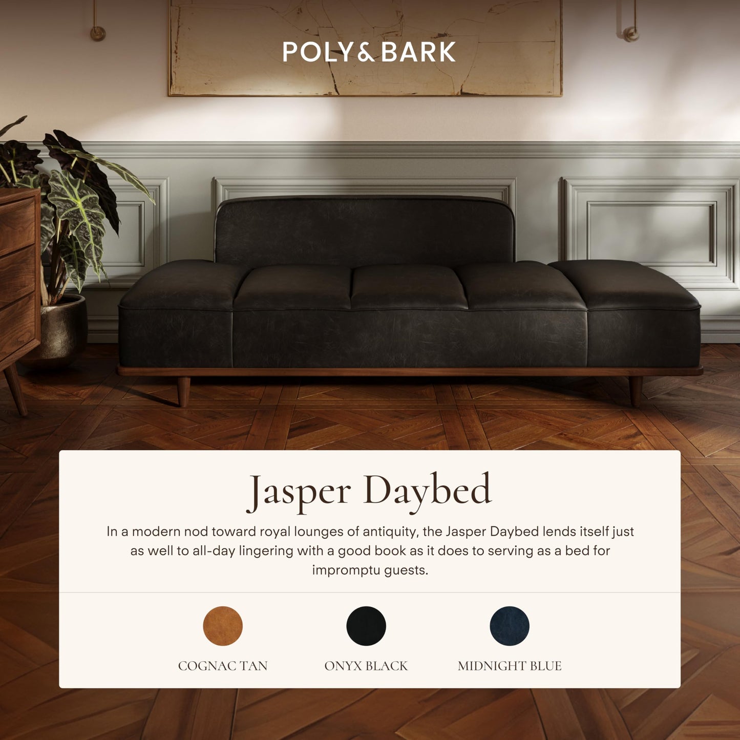 Poly & Bark Jasper Daybed – Onyx Black - Full-Grain Semi-Aniline Leather Upholstery – Walnut-Stained Ash Wood Frame, 6.6 Feet – Modern Daybed for Living Room or Guest Space– Minimal Assembly