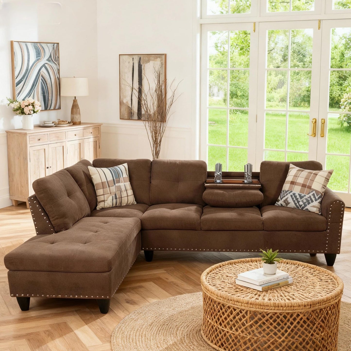 Trygoal L-Shaped Sectional Sofa with Cup Holder, 97 Inch Living Room Set with Chaise, Sectional Couches with Nailhead Trim, for Living Room, Apartment, Study, Brown