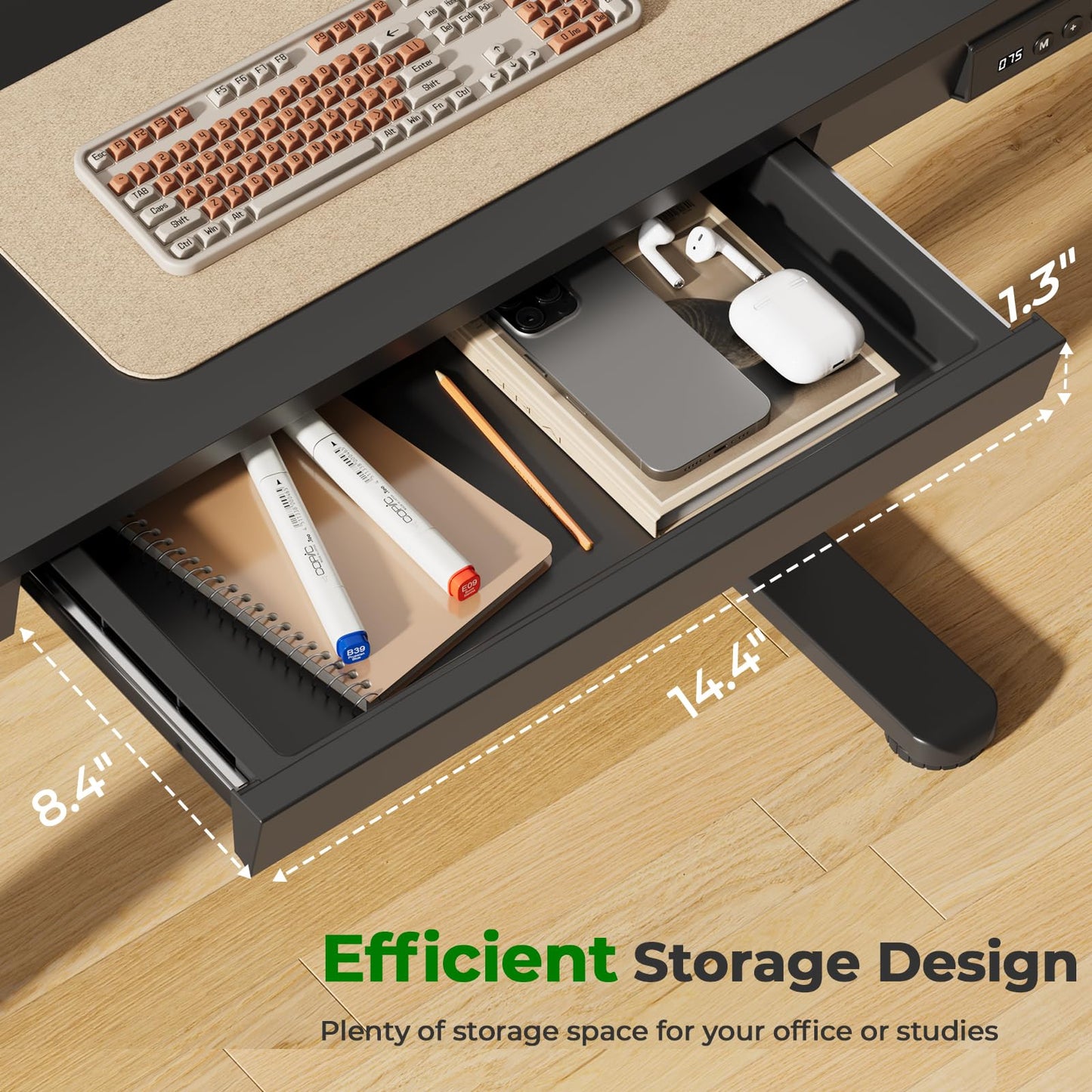 JYLH JOYSEEKER Electric Standing Desk with Drawer, 35" x 20" Whole Piece Tabletop Small Sit Stand Table, Height Adjustable Desk with Storage & USB Ports, Quick Install Home Office Computer Desk, Black