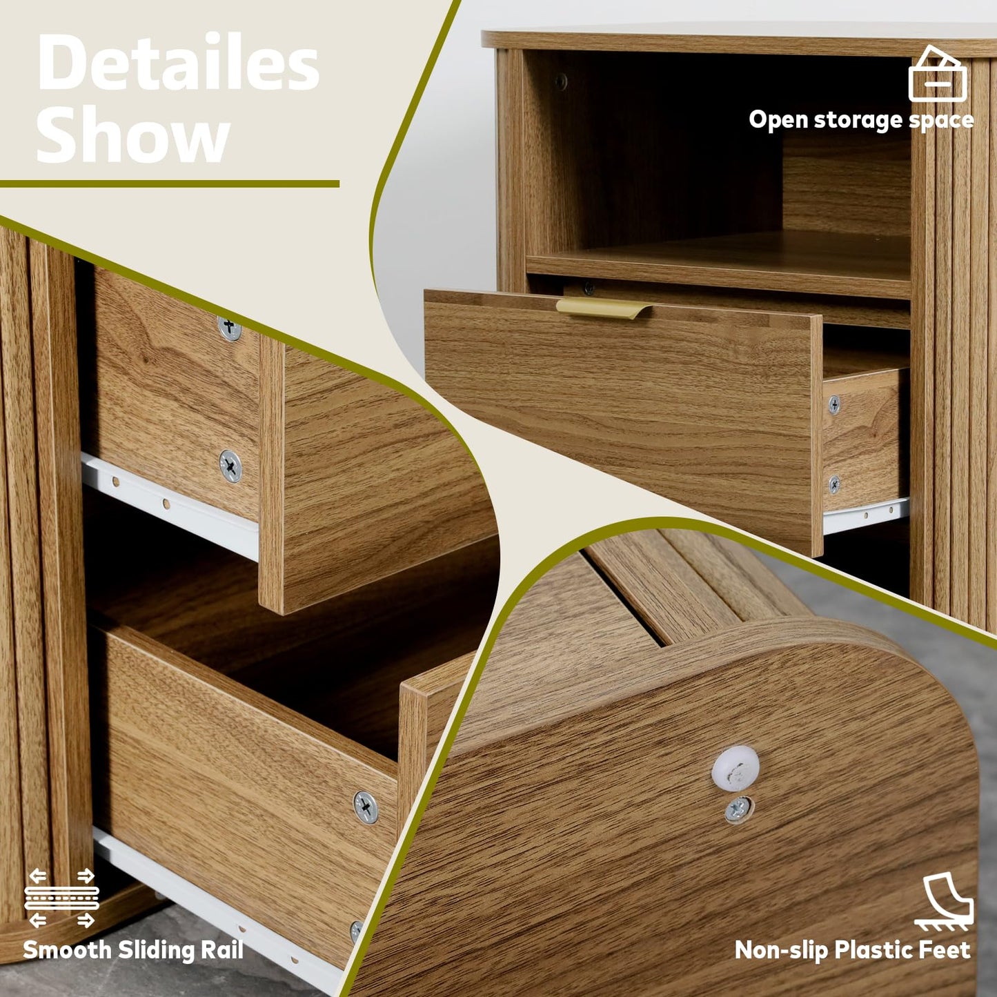 SOARMOTE 3-Piece Bedroom Furniture Set, Modern Fluted 6 Drawer Dresser & 2-Drawer Nightstands,Mid-Century Wood Storage Cabinet Set n for Bedroom, Hallway (Walnut)
