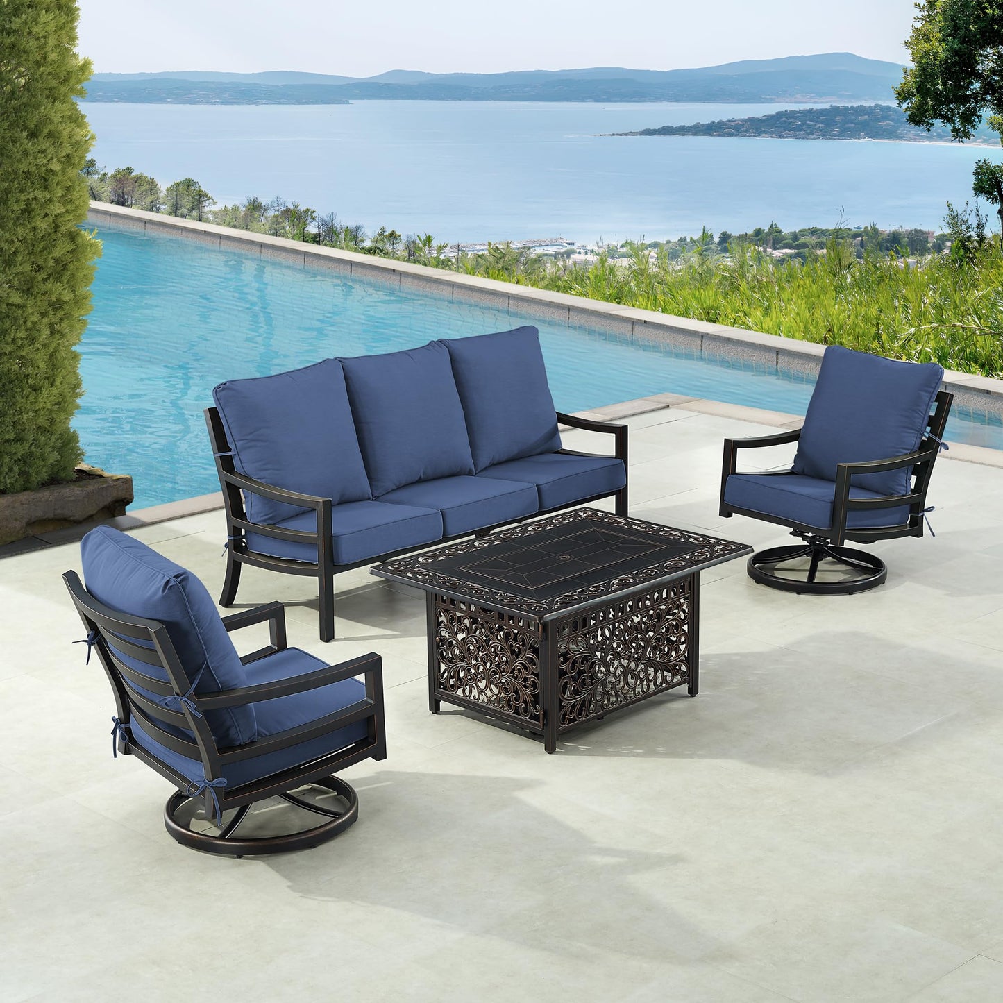 Oakland Living Black Aluminum Patio Fire Table Set with Deep Seating Sofa with Cushions and Two Club Chairs with Blue Cushions