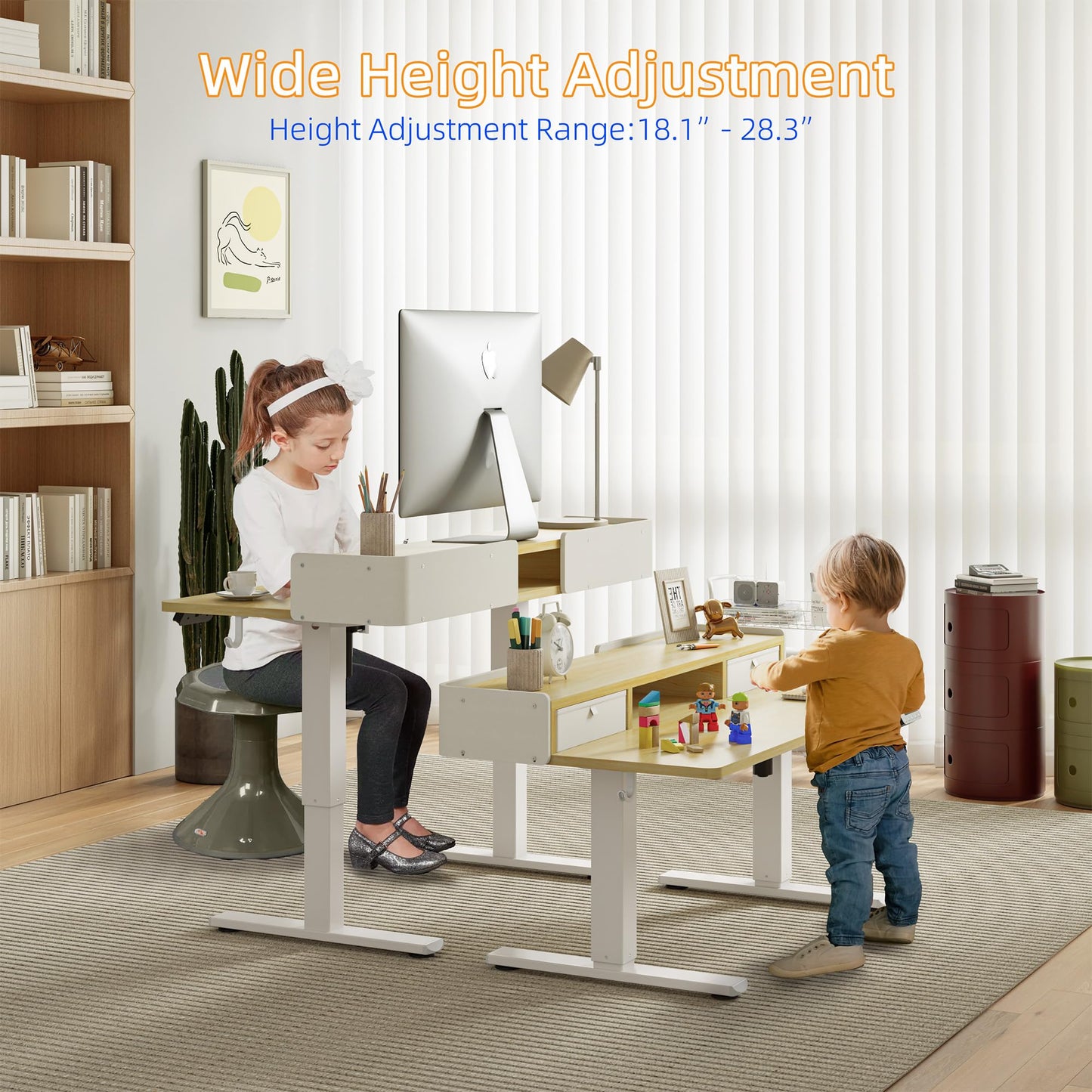 YIHAYO Low Height Adjustable Desk with Drawers, Lifts 18.1-28.3 Inches, Electric Standing Desk with Storage Shelf for Short People, 48 x 24 Inches Table with Splice Board for Home Office, Natural
