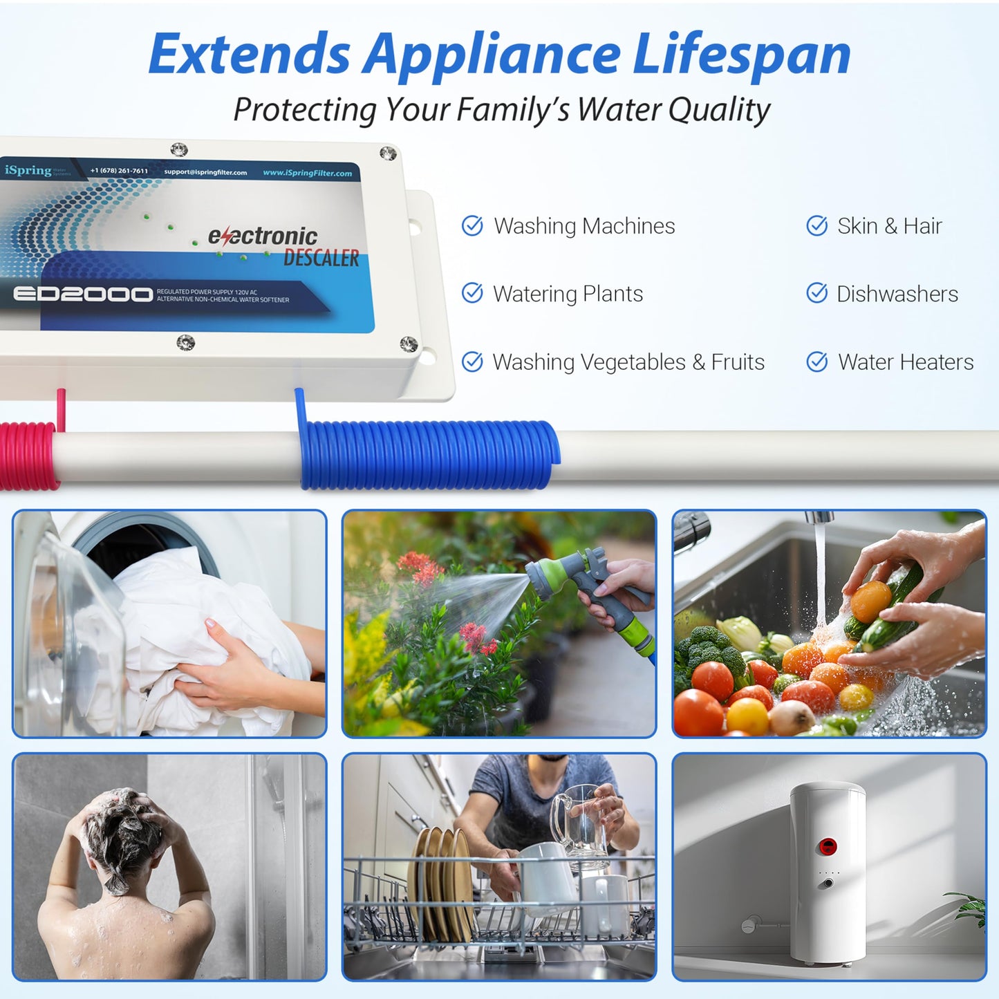 iSpring ED2000 Whole House Water Descaler, Alternative Electronic Salt-Free Hard Water Conditioner, Reduces Limescale Prevent Deposits Build-up, Different from a Water Softener