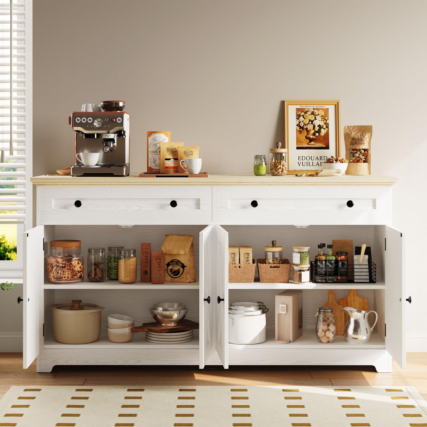 IRONCK Buffet Cabinet with Storage, Sideboard Storage Cabinet with Drawers, Coffee Bar Cabinet, Kitchen Cabinet with Doors, Natural Wood