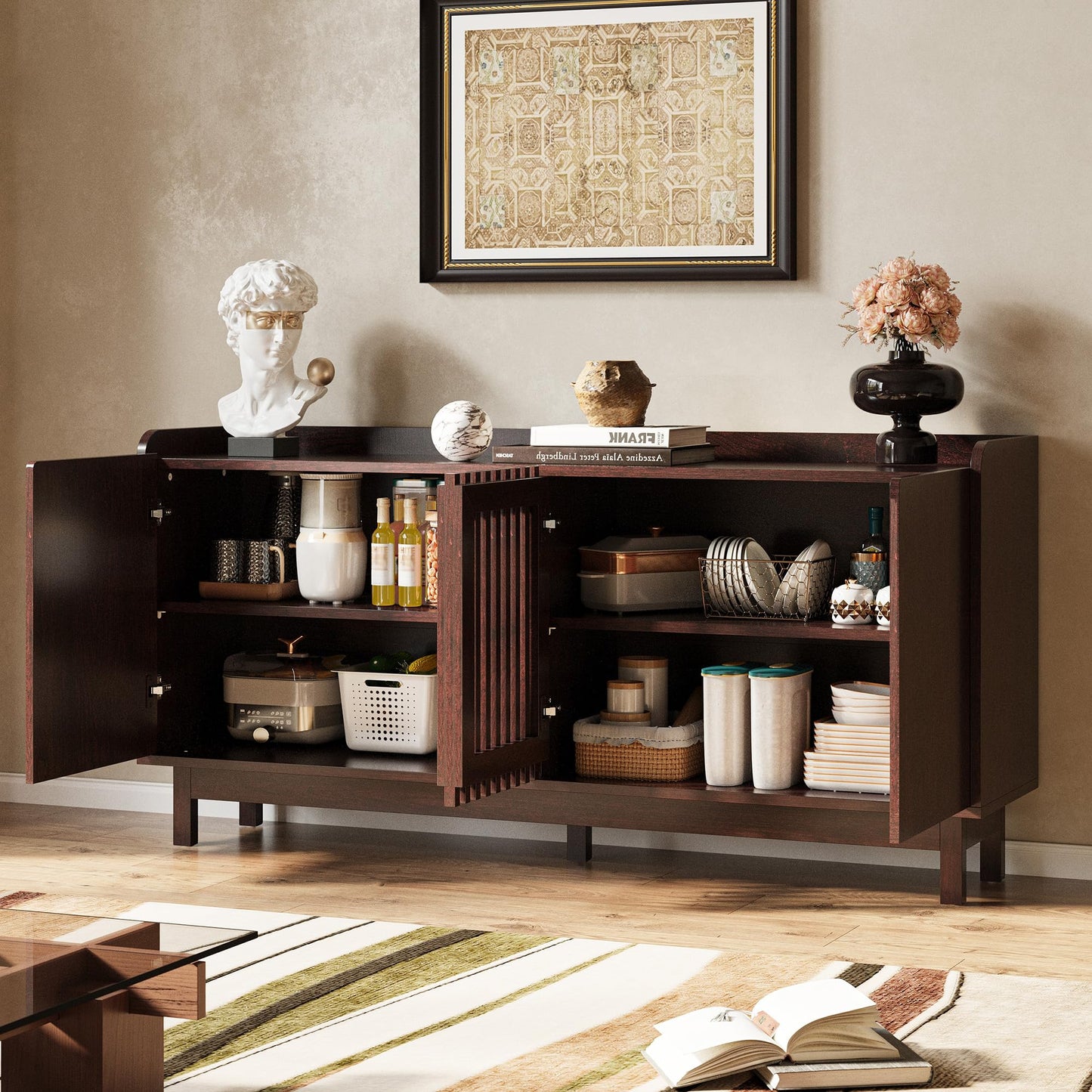 IRONCK Storage Cabinet with Grille Doors, Natural Red Walnut