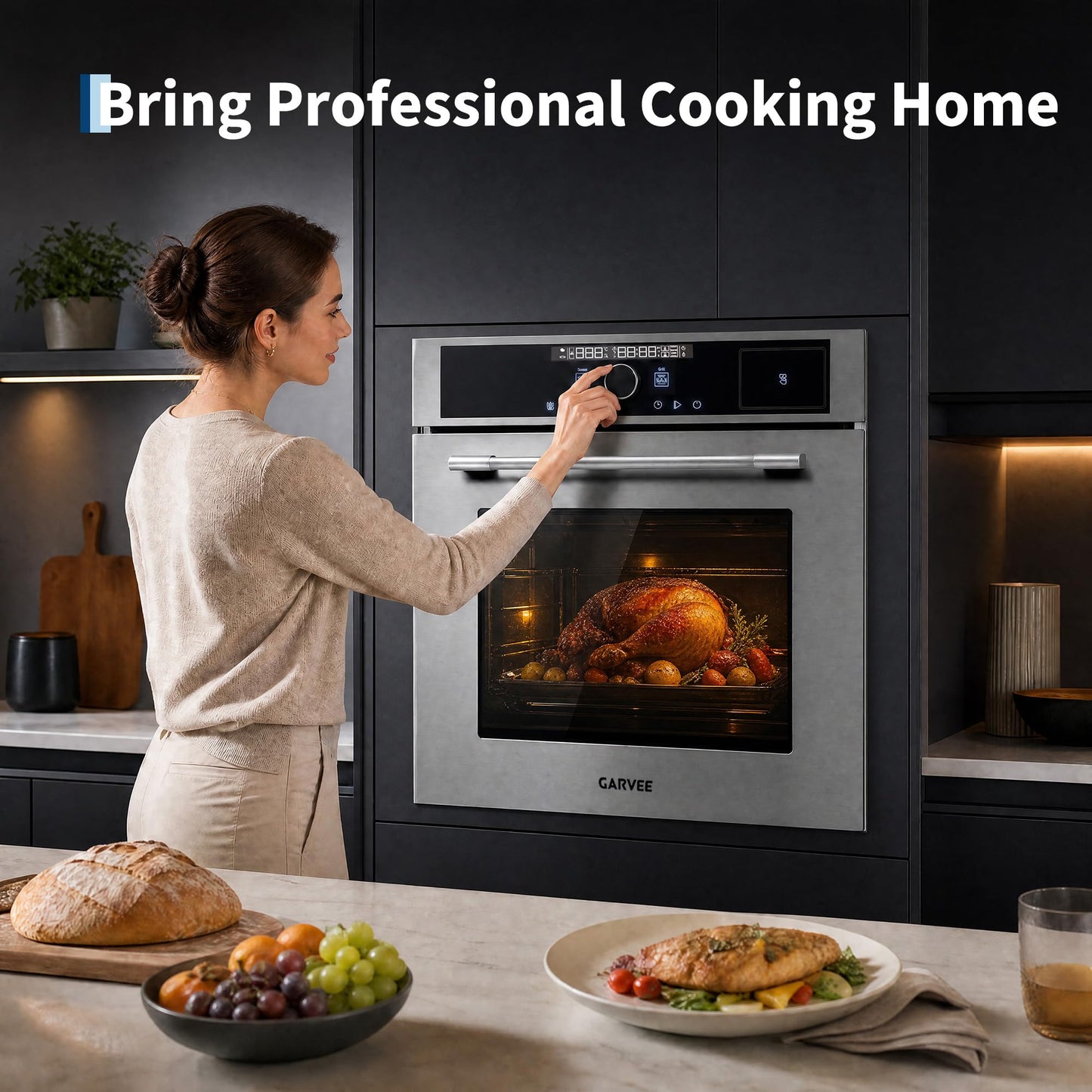 Garvee 24 Inch Built-in Single Wall Oven, 2.5 Cu. ft. Electric Oven, 3000W Power, 5 Cooking Functions, Touch & Mechanical Knob Control, Double Layer Low-e Glass Door, ETL Certified, Silver