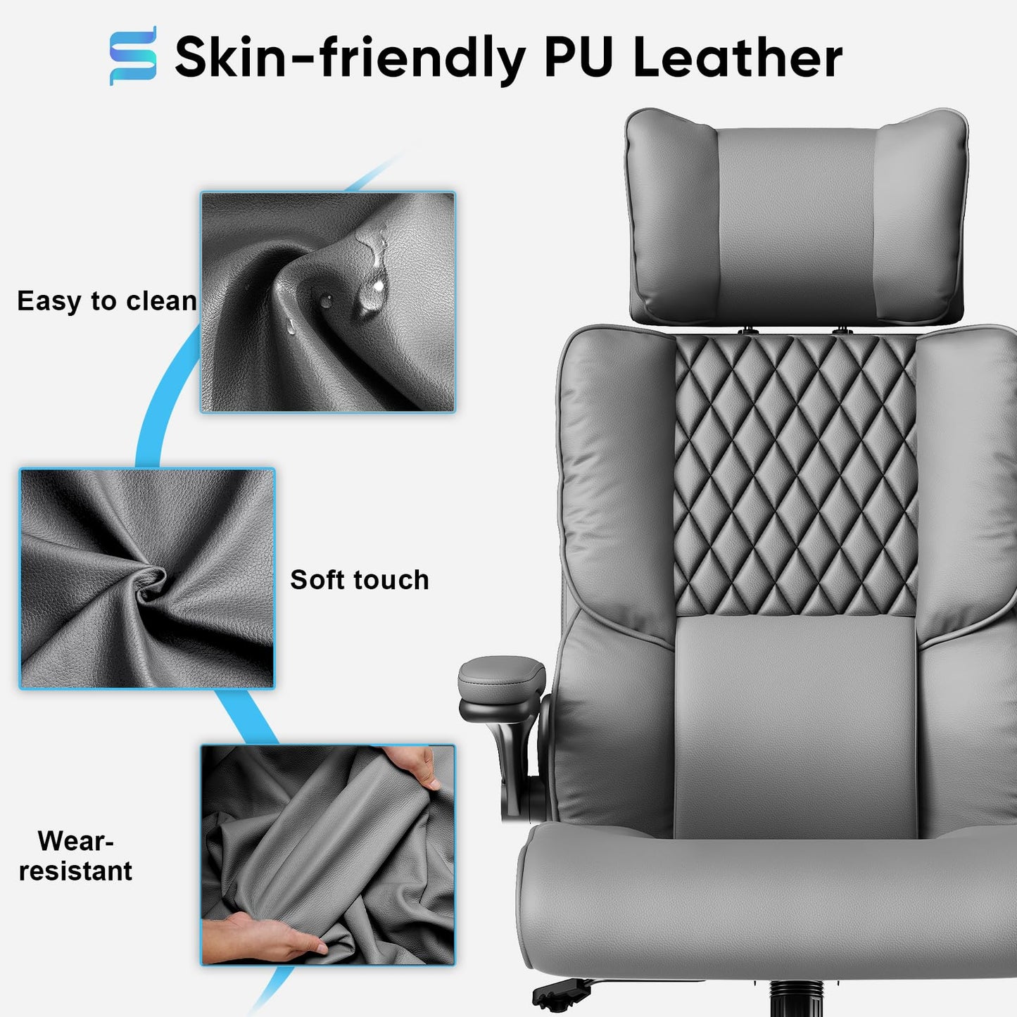 Sytas Ergonomic Office Chair with Adjustable Headrest, Executive Leather Desk Chair with Upgraded Lumbar Support for Lower Back Pain Relief, Thickened Backrest Computer Chair for Home Office, Gray