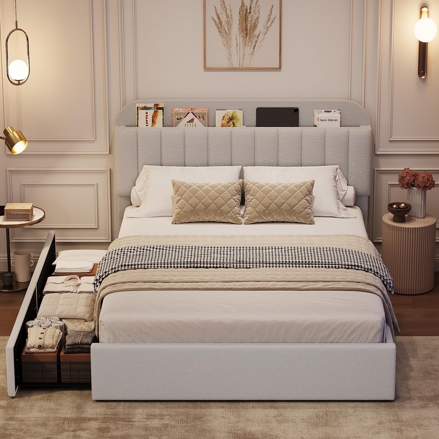 Jojoka Queen Bed Frame with Storage Headboard and 2 Drawers, Boucle Upholstered Platform Bed, Modern Girls Bed Frames for Rooms, No Box Spring Needed, Easy Assembly, Grey