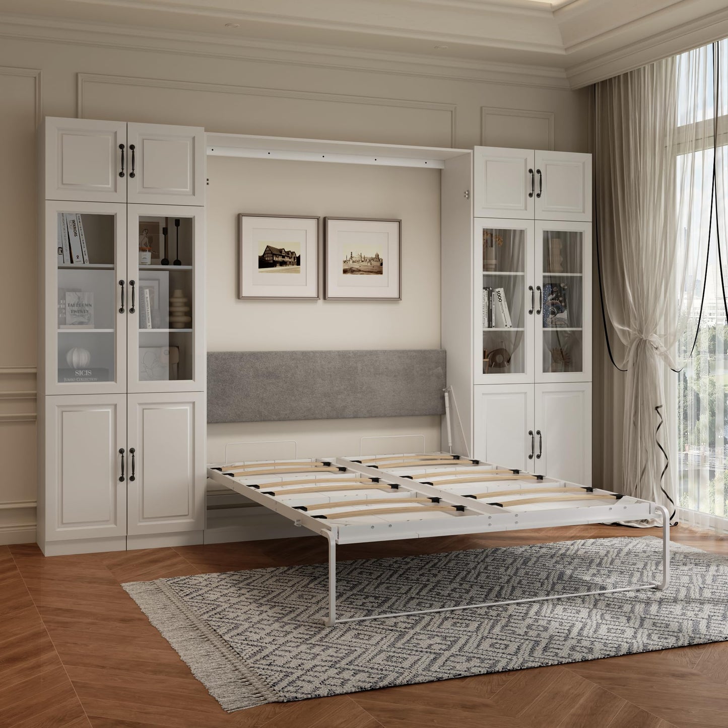Jiaoun Queen Murphy Bed,Farmhouse Guest Beds,Folding Wall Bed with Hydraulic Bar,64" W Twin Murphy Beds with 2 Glass Storage Cabinet for Small Spaces/Offices/Apartments/Guest Room,White+White