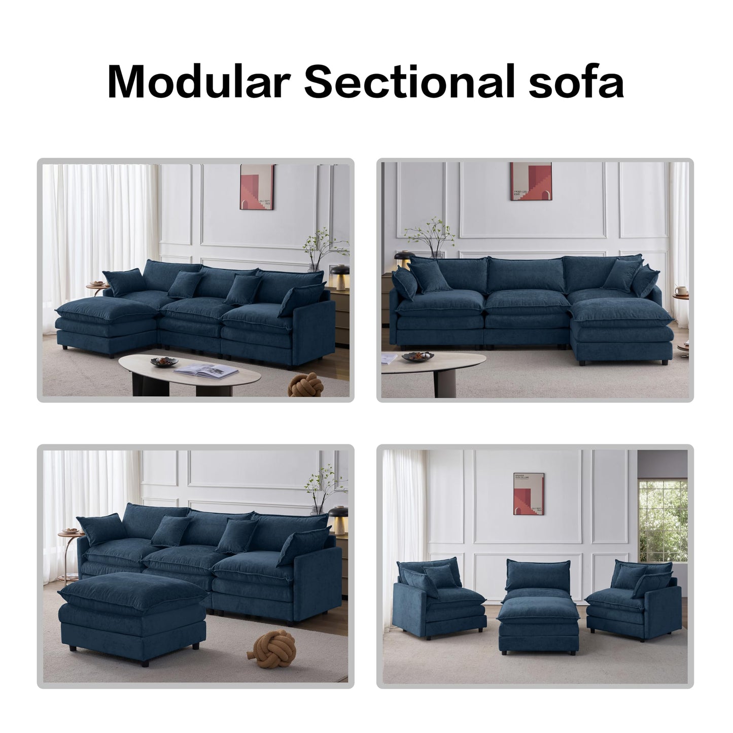 KEIKI 3 Seater Chenille Modular Sectional Couch Sofa with Ottoman, Double-Layer Seat Cushions & Back Cushions, Modern L-Shape Upholstered Cloud Soft Sofa Couches Chaise Lounge for Living Room