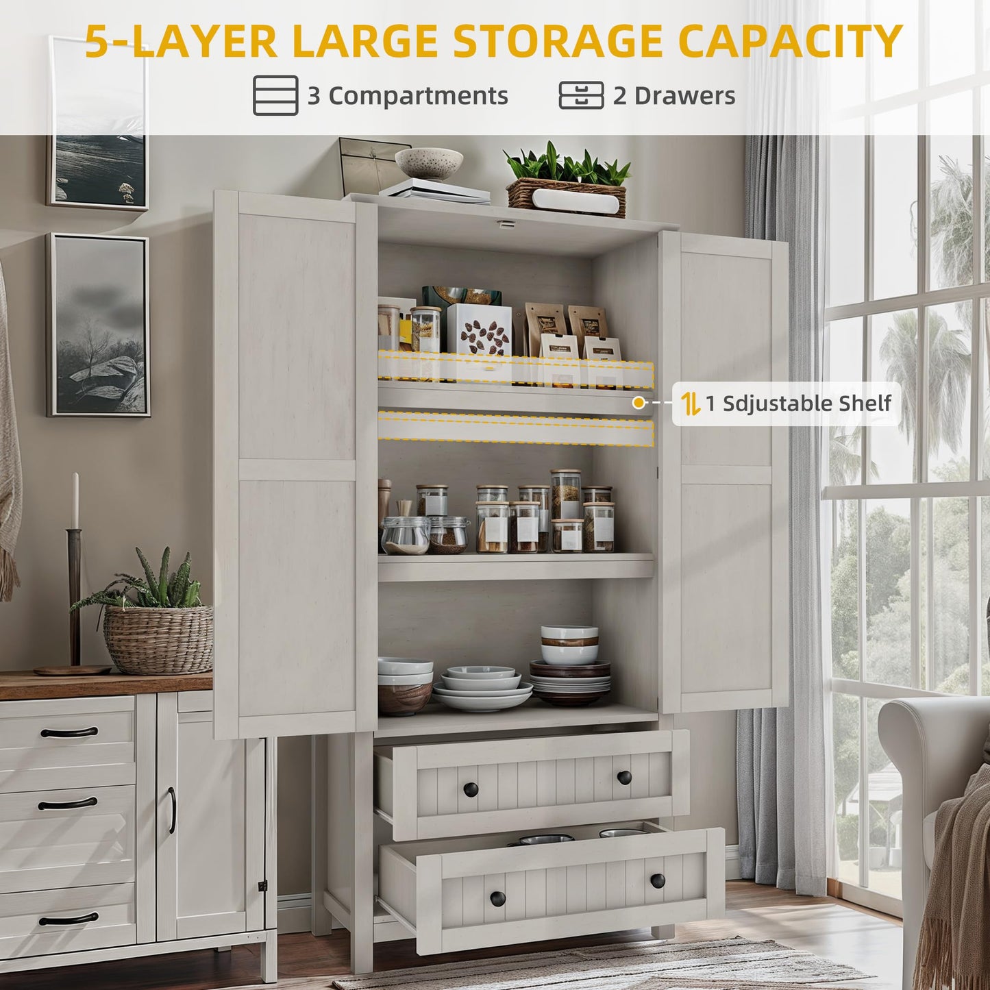DWVO 64.5" H Kitchen Pantry Cabinet, Storage Cabinet with Barn Doors, 2 Drawers and Adjustable Shelves, Farmhouse Cupboard for Dining Room, Living Room, Bathroom, Off White