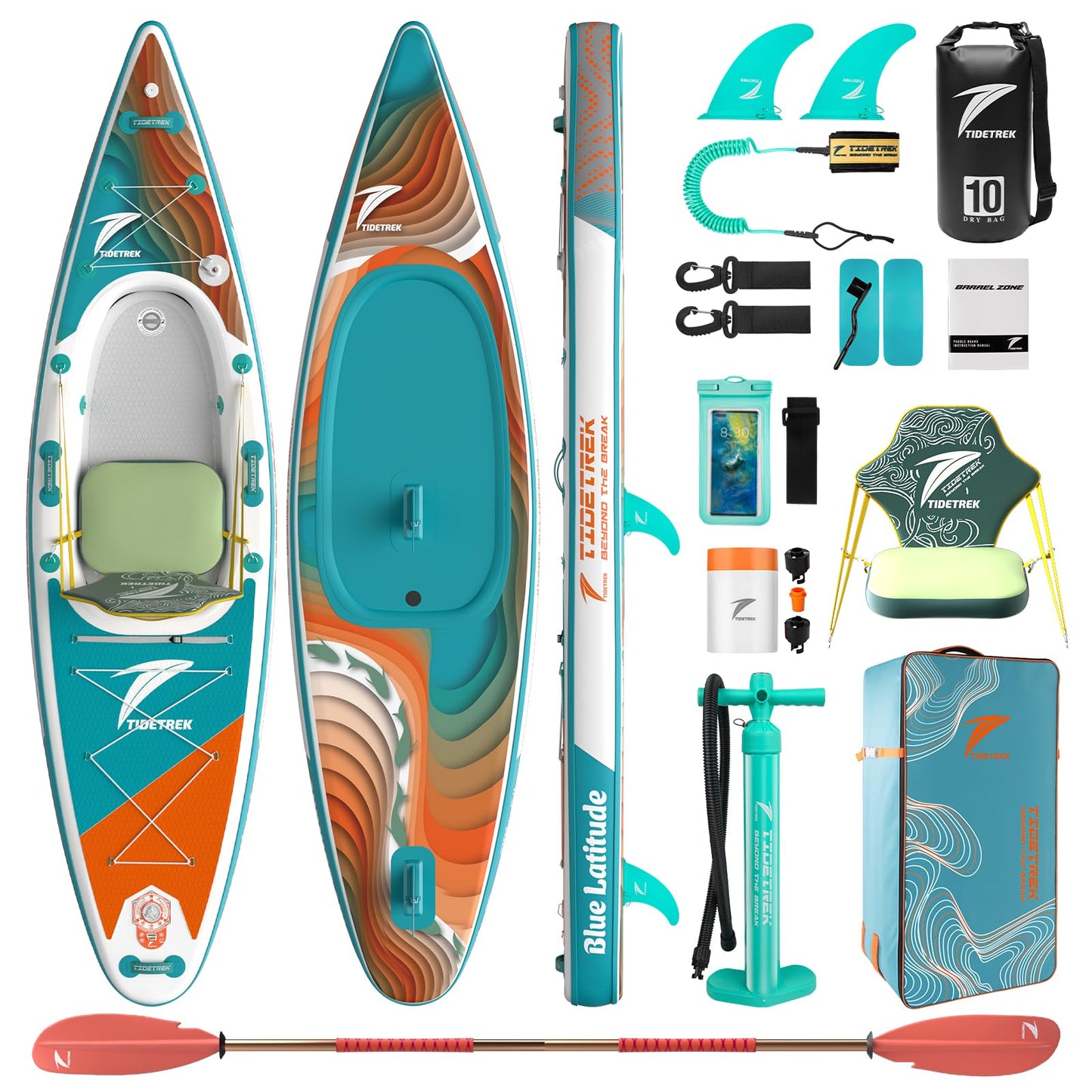 TIDETREK Inflatable Touring Kayak with Waterproof Seat & Premium Accessories, 11'3" x 35" x 8" Ultra-Stable SUP Kayak Hybrid, Non-Slip Comfort Deck for Adults & Youth (Coral Tide)